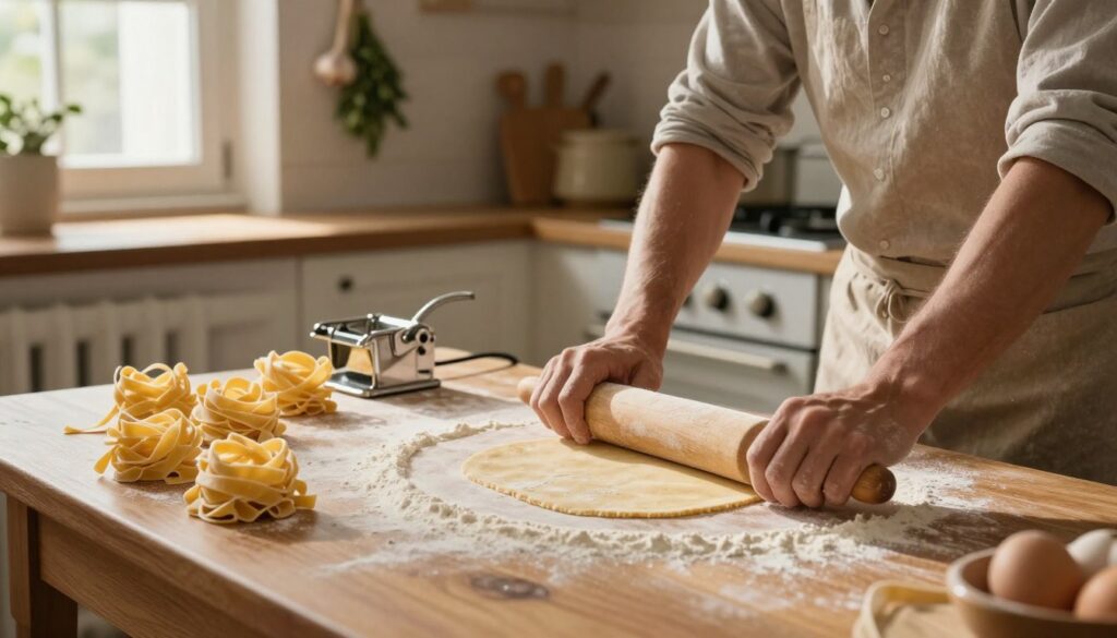 A cozy kitchen scene showcasing the art of making homemade pasta. In the foreground, a wooden table is scattered with flour, with a rolling pin and fresh pasta dough being expertly rolled out by a pair of skilled hands in modest casual clothing. The middle ground features a classic Italian-style kitchen, with hanging garlic and herbs, and a pasta cutter ready to slice the rolled dough into fettuccine strands. In the background, sunlight streams through a window, casting soft, warm lighting that accentuates the textures of the dough and the kitchen’s rustic charm. The atmosphere is warm and inviting, evoking a sense of tradition and home-cooked love. A cozy kitchen scene showcasing the art of making homemade pasta. In the foreground, a wooden table is scattered with flour, with a rolling pin and fresh pasta dough being expertly rolled out by a pair of skilled hands in modest casual clothing. The middle ground features a classic Italian-style kitchen, with hanging garlic and herbs, and a pasta cutter ready to slice the rolled dough into fettuccine strands. In the background, sunlight streams through a window, casting soft, warm lighting that accentuates the textures of the dough and the kitchen’s rustic charm. The atmosphere is warm and inviting, evoking a sense of tradition and home-cooked love.