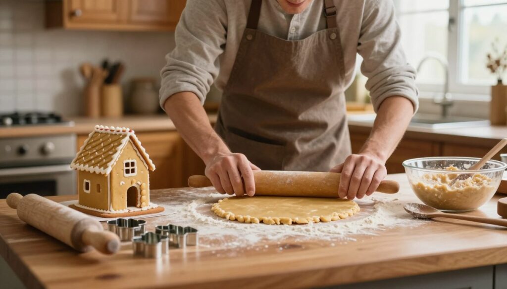 A cozy kitchen scene showcasing the preparation of perfect gingerbread dough for building a gingerbread house. In the foreground, a wooden kitchen counter is adorned with flour, a rolling pin, and cookie cutters in festive shapes. A bowl mixing the dough sits nearby, with a wooden spoon resting beside it. In the middle, a chef in modest, casual clothing enthusiastically rolls out the dough, focused yet joyful. The background features warm wooden cabinets and a window letting in soft, natural light that bathes the scene in a warm glow, creating a welcoming atmosphere. The image captures the essence of baking, highlighting the texture of the dough and the tools of the trade, emphasizing the happiness of creating something special. A cozy kitchen scene showcasing the preparation of perfect gingerbread dough for building a gingerbread house. In the foreground, a wooden kitchen counter is adorned with flour, a rolling pin, and cookie cutters in festive shapes. A bowl mixing the dough sits nearby, with a wooden spoon resting beside it. In the middle, a chef in modest, casual clothing enthusiastically rolls out the dough, focused yet joyful. The background features warm wooden cabinets and a window letting in soft, natural light that bathes the scene in a warm glow, creating a welcoming atmosphere. The image captures the essence of baking, highlighting the texture of the dough and the tools of the trade, emphasizing the happiness of creating something special.