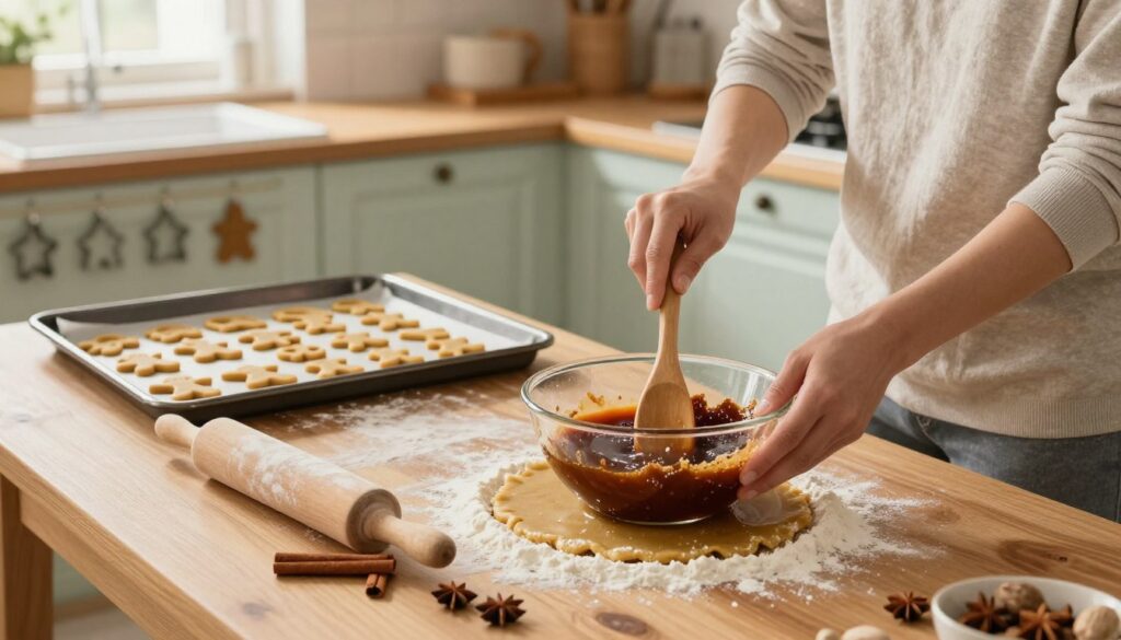 A cozy kitchen scene showcasing the step-by-step preparation of gingerbread dough. In the foreground, a wooden table is adorned with flour, a mixing bowl filled with rich, dark molasses, and an array of spices like cinnamon and nutmeg scattered around. A pair of hands, dressed in modest casual clothing, mixes the ingredients with a wooden spoon. In the middle ground, a baking tray with gingerbread cookie shapes ready to be placed in the oven sits beside a rolling pin dusted with flour. The background features a warm, inviting kitchen with pastel-colored cabinets and hanging cookie cutters. Soft, natural lighting filters through a nearby window, creating a homely and festive atmosphere, perfect for holiday baking. A cozy kitchen scene showcasing the step-by-step preparation of gingerbread dough. In the foreground, a wooden table is adorned with flour, a mixing bowl filled with rich, dark molasses, and an array of spices like cinnamon and nutmeg scattered around. A pair of hands, dressed in modest casual clothing, mixes the ingredients with a wooden spoon. In the middle ground, a baking tray with gingerbread cookie shapes ready to be placed in the oven sits beside a rolling pin dusted with flour. The background features a warm, inviting kitchen with pastel-colored cabinets and hanging cookie cutters. Soft, natural lighting filters through a nearby window, creating a homely and festive atmosphere, perfect for holiday baking.