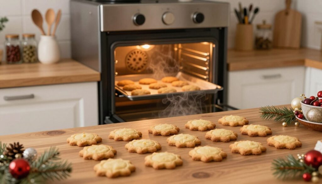 A cozy kitchen scene that captures the essence of heat distribution in baking. In the foreground, a wooden table with freshly baked gingerbread cookies, their golden-brown edges crisp and soft in the center, surrounded by holiday decorations. The middle ground features an open oven, with warm, glowing light emanating from within, showcasing the cookies on a baking tray, illustrating the concept of convection heat. The background depicts a wall adorned with spice jars and baking tools, subtly hinting at the baking process. Soft, diffused lighting envelops the scene, creating a warm and inviting atmosphere, while a slight steam rises from the cookies, emphasizing the warmth and aroma of freshly baked goods. The camera angle is slightly tilted to enhance the dynamic feel of the kitchen environment. A cozy kitchen scene that captures the essence of heat distribution in baking. In the foreground, a wooden table with freshly baked gingerbread cookies, their golden-brown edges crisp and soft in the center, surrounded by holiday decorations. The middle ground features an open oven, with warm, glowing light emanating from within, showcasing the cookies on a baking tray, illustrating the concept of convection heat. The background depicts a wall adorned with spice jars and baking tools, subtly hinting at the baking process. Soft, diffused lighting envelops the scene, creating a warm and inviting atmosphere, while a slight steam rises from the cookies, emphasizing the warmth and aroma of freshly baked goods. The camera angle is slightly tilted to enhance the dynamic feel of the kitchen environment.