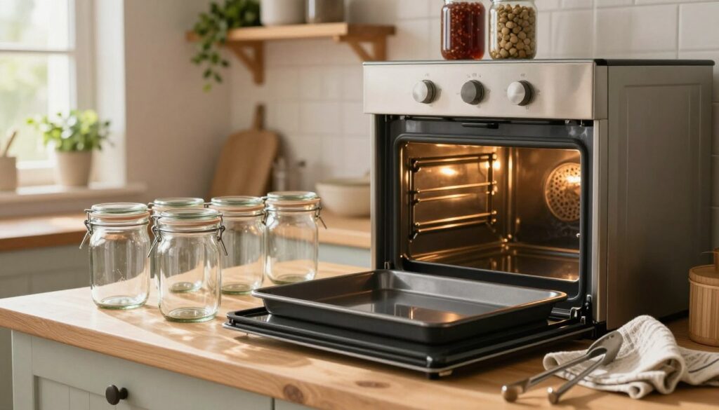 A cozy kitchen scene where glass jars are arranged neatly on a wooden countertop, preparing for sterilization in an oven. In the foreground, a pair of clean, clear jars with shiny lids are positioned next to a baking tray, radiating freshness. In the middle, the oven door is open, revealing a warm, inviting interior with light reflecting off the glass. On the countertop, a few utensils like tongs and a kitchen cloth are scattered, suggesting an atmosphere of preparation. The background features a softly lit kitchen with rustic wooden shelves, filled with herbs and spices, enhancing the homely feel. The overall mood is warm and safe, evoking a sense of readiness for canning homemade preserves. Bright, natural lighting streams in from a window, casting soft shadows. A cozy kitchen scene where glass jars are arranged neatly on a wooden countertop, preparing for sterilization in an oven. In the foreground, a pair of clean, clear jars with shiny lids are positioned next to a baking tray, radiating freshness. In the middle, the oven door is open, revealing a warm, inviting interior with light reflecting off the glass. On the countertop, a few utensils like tongs and a kitchen cloth are scattered, suggesting an atmosphere of preparation. The background features a softly lit kitchen with rustic wooden shelves, filled with herbs and spices, enhancing the homely feel. The overall mood is warm and safe, evoking a sense of readiness for canning homemade preserves. Bright, natural lighting streams in from a window, casting soft shadows.