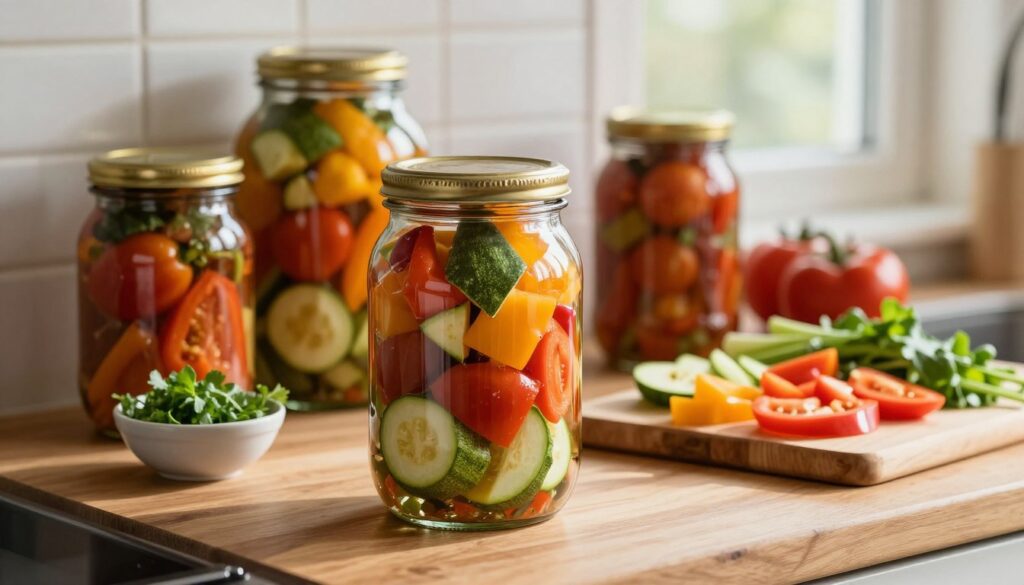 A cozy kitchen setting showcasing jars of beautifully preserved leczo, arranged in an aesthetically pleasing way. In the foreground, focus on a large glass jar filled with colorful, vibrant chunks of vegetables like bell peppers, zucchini, and tomatoes, with a rustic metal lid. The middle ground features a wooden countertop with a cutting board, some freshly chopped vegetables, and a small bowl of herbs for garnish. In the background, soft afternoon light filters through a window, casting gentle shadows and highlighting the rich colors of the ingredients. The overall atmosphere should evoke a sense of warmth and home-cooked comfort, perfect for illustrating food storage and freezing methods. A cozy kitchen setting showcasing jars of beautifully preserved leczo, arranged in an aesthetically pleasing way. In the foreground, focus on a large glass jar filled with colorful, vibrant chunks of vegetables like bell peppers, zucchini, and tomatoes, with a rustic metal lid. The middle ground features a wooden countertop with a cutting board, some freshly chopped vegetables, and a small bowl of herbs for garnish. In the background, soft afternoon light filters through a window, casting gentle shadows and highlighting the rich colors of the ingredients. The overall atmosphere should evoke a sense of warmth and home-cooked comfort, perfect for illustrating food storage and freezing methods.