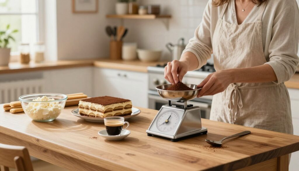 A cozy, well-lit kitchen scene featuring a simple wooden table adorned with essential baking tools. In the foreground, a beginner baker, a middle-aged woman in a modest casual outfit, carefully measuring coffee grounds for tiramisu with a polished stainless steel scale. To the side, a clear glass bowl filled with mascarpone cheese and ladyfingers, along with a small cup of brewed espresso, emphasizes the dessert preparation. In the middle ground, a freshly baked tiramisu, beautifully layered with cocoa powder on top, sits gracefully on a decorative plate. The background includes soft-focused shelves lined with baking ingredients and utensils, illuminated by warm, natural lighting from a nearby window, creating an inviting and encouraging atmosphere for novice pastry chefs.