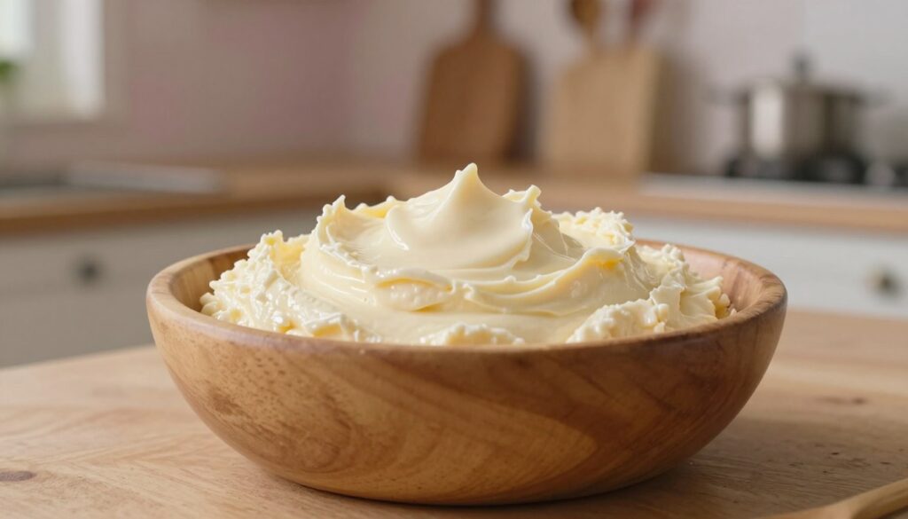 A creamy cheese mixture for cheesecake preparation, artistically arranged in a light, polished wooden bowl placed on a rustic kitchen counter. The foreground features a close-up view of the rich, smooth texture of the cheese, with a subtle sheen catching the warm, gentle light. Behind the bowl, a blurred background reveals a cozy kitchen setting, with soft pastel-colored walls and hints of cooking utensils nearby. The ambiance is warm and inviting, evoking a sense of home cooking. Utilize soft, diffused lighting to create a relaxed and welcoming atmosphere. The focus is on the masa serowa, ensuring it looks fresh and appetizing, without any distractions in the scene. A creamy cheese mixture for cheesecake preparation, artistically arranged in a light, polished wooden bowl placed on a rustic kitchen counter. The foreground features a close-up view of the rich, smooth texture of the cheese, with a subtle sheen catching the warm, gentle light. Behind the bowl, a blurred background reveals a cozy kitchen setting, with soft pastel-colored walls and hints of cooking utensils nearby. The ambiance is warm and inviting, evoking a sense of home cooking. Utilize soft, diffused lighting to create a relaxed and welcoming atmosphere. The focus is on the masa serowa, ensuring it looks fresh and appetizing, without any distractions in the scene.