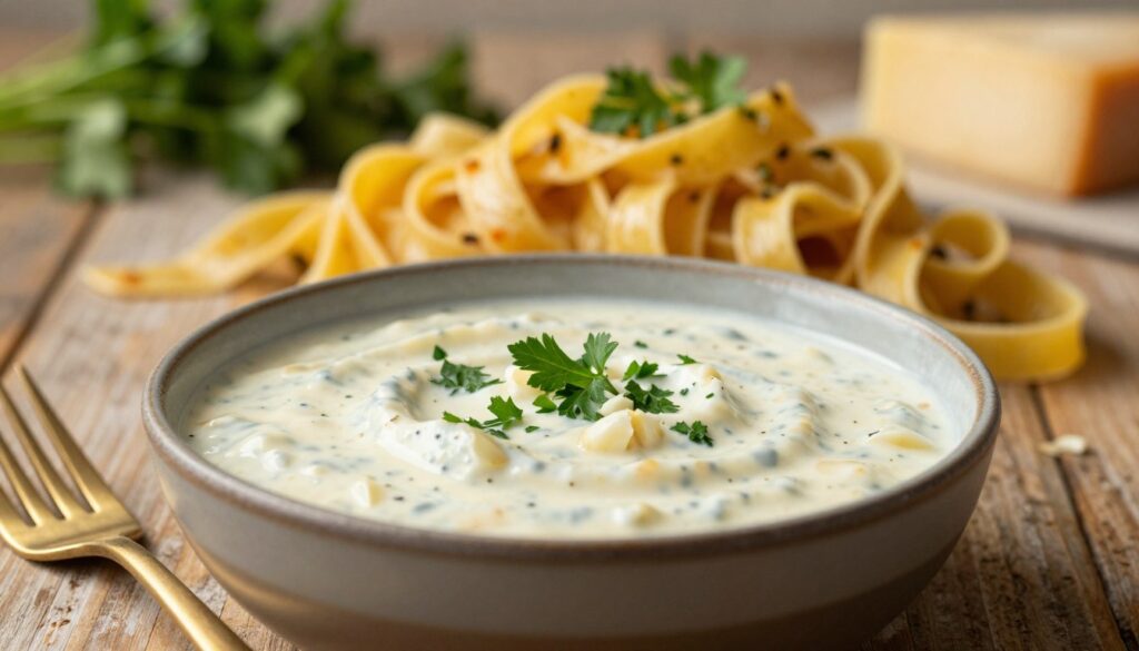 A creamy garlic sauce with fresh herbs, presented in a rustic bowl, sits on a textured wooden table. The sauce is smooth and velvety, with small specks of minced garlic and green parsley sprinkles on top. In the foreground, a golden fork rests beside the bowl, hinting at a delightful serving of pasta. The middle ground features a generous serving of fettuccine pasta, coated in the rich sauce, glistening under soft, warm lighting. In the background, a softly blurred kitchen scene with herbs and cheese adds warmth and a homely atmosphere. The image conveys a sense of comfort and culinary indulgence, inviting viewers to savor the delicious pairing of flavors. A creamy garlic sauce with fresh herbs, presented in a rustic bowl, sits on a textured wooden table. The sauce is smooth and velvety, with small specks of minced garlic and green parsley sprinkles on top. In the foreground, a golden fork rests beside the bowl, hinting at a delightful serving of pasta. The middle ground features a generous serving of fettuccine pasta, coated in the rich sauce, glistening under soft, warm lighting. In the background, a softly blurred kitchen scene with herbs and cheese adds warmth and a homely atmosphere. The image conveys a sense of comfort and culinary indulgence, inviting viewers to savor the delicious pairing of flavors.