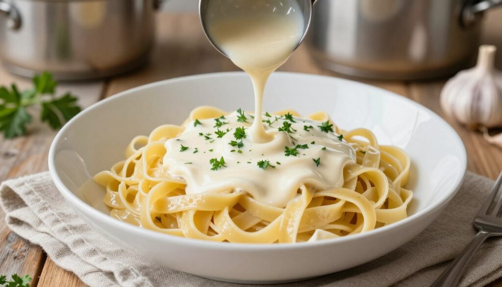 A creamy, smooth "aksamitny sos śmietanowy" in an elegant white bowl, ladled generously over perfectly cooked fettuccine pasta. The sauce glistens with a velvety texture, dotted with fresh parsley for a pop of color. In the foreground, it's beautifully presented on a rustic wooden table with a softly woven linen napkin. In the background, blurred kitchen elements like a pot simmering on the stove and fresh ingredients like garlic and herbs hint at a warm cooking environment. The lighting is soft and natural, reflecting a cozy, inviting atmosphere, while the image captures a close-up angle that emphasizes the rich consistency of the sauce. The overall mood is comforting and appetizing. A creamy, smooth "aksamitny sos śmietanowy" in an elegant white bowl, ladled generously over perfectly cooked fettuccine pasta. The sauce glistens with a velvety texture, dotted with fresh parsley for a pop of color. In the foreground, it's beautifully presented on a rustic wooden table with a softly woven linen napkin. In the background, blurred kitchen elements like a pot simmering on the stove and fresh ingredients like garlic and herbs hint at a warm cooking environment. The lighting is soft and natural, reflecting a cozy, inviting atmosphere, while the image captures a close-up angle that emphasizes the rich consistency of the sauce. The overall mood is comforting and appetizing.