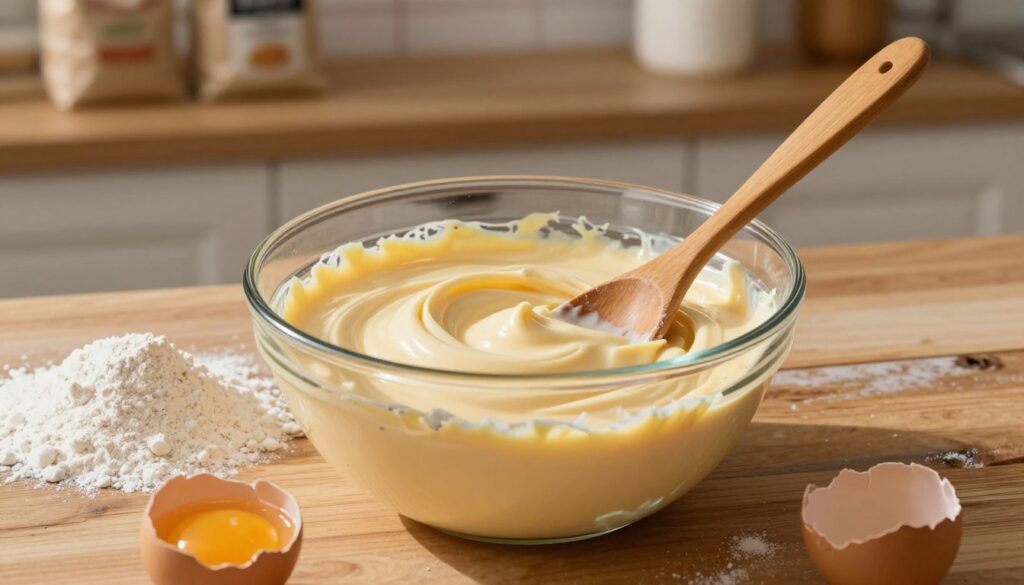 A creamy, smooth cheesecake batter in a glass mixing bowl, vibrant and glossy, with swirling ribbons of rich cream cheese and delicate notes of vanilla. In the foreground, a wooden spoon rests in the bowl, partially coated with the inviting mixture. Surrounding the bowl are various baking ingredients: a finely sifted pile of flour, sugar, and a cracked egg with its yolk glistening. The middle ground features a lightly stained wooden countertop, enhancing the rustic kitchen vibe. In the softly lit background, faint shadows play across shelves that display flour bags, hinting at different types of flours suitable for cheesecakes. The atmosphere is warm and inviting, evoking a sense of home baking and culinary exploration, with golden hour lighting casting a gentle glow over the scene. A creamy, smooth cheesecake batter in a glass mixing bowl, vibrant and glossy, with swirling ribbons of rich cream cheese and delicate notes of vanilla. In the foreground, a wooden spoon rests in the bowl, partially coated with the inviting mixture. Surrounding the bowl are various baking ingredients: a finely sifted pile of flour, sugar, and a cracked egg with its yolk glistening. The middle ground features a lightly stained wooden countertop, enhancing the rustic kitchen vibe. In the softly lit background, faint shadows play across shelves that display flour bags, hinting at different types of flours suitable for cheesecakes. The atmosphere is warm and inviting, evoking a sense of home baking and culinary exploration, with golden hour lighting casting a gentle glow over the scene.