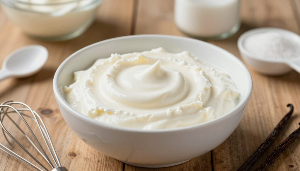 A creamy, smooth, white bowl of serek śmietankowy, showcasing its rich, thick consistency ideal for desserts. The bowl is placed on a rustic wooden kitchen table, surrounded by subtle kitchen utensils like a whisk and measuring spoons. In the background, there are slightly blurred ingredients such as a tub of fresh cream, sugar, and a sprig of vanilla, hinting at flavor depth. The lighting is warm and natural, casting soft shadows that highlight the texture of the cheese, evoking a cozy baking atmosphere. The camera angle is slightly above, focusing on the bowl to emphasize the creamy texture, making it inviting and appetizing. A creamy, smooth, white bowl of serek śmietankowy, showcasing its rich, thick consistency ideal for desserts. The bowl is placed on a rustic wooden kitchen table, surrounded by subtle kitchen utensils like a whisk and measuring spoons. In the background, there are slightly blurred ingredients such as a tub of fresh cream, sugar, and a sprig of vanilla, hinting at flavor depth. The lighting is warm and natural, casting soft shadows that highlight the texture of the cheese, evoking a cozy baking atmosphere. The camera angle is slightly above, focusing on the bowl to emphasize the creamy texture, making it inviting and appetizing.