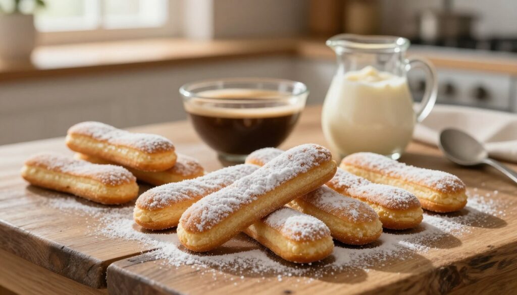 A delicate display of traditional biszkopty, arranged elegantly on a rustic wooden table. The foreground features perfectly shaped, golden-brown ladyfingers dusted lightly with powdered sugar, showcasing their soft texture and slight sheen. In the middle ground, a shallow bowl filled with freshly brewed coffee and a small jug of creamy mascarpone mix hint at the preparation for a tiramisu. The background captures a softly blurred kitchen setting, with warm sunlight streaming through a window, casting gentle shadows. The atmosphere is warm and inviting, perfect for a baking session, with an emphasis on the artistry of dessert creation. The photo should have a soft focus, evoking a cozy, homely feeling, ideal for illustrating the tips on making and soaking biszkopty for a strawberry tiramisu.