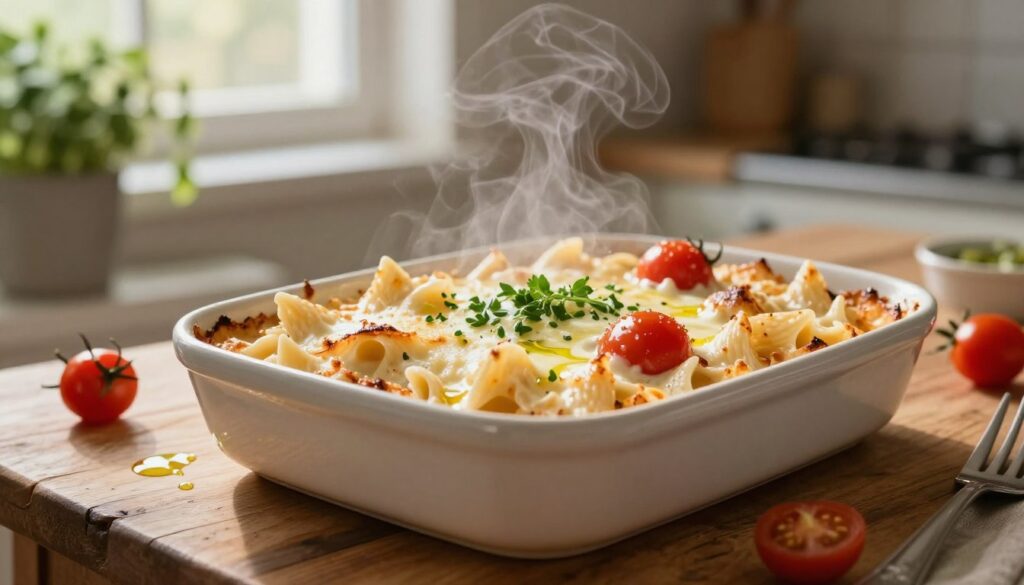 A delicious, creamy pasta casserole dish displayed on a rustic wooden table. In the foreground, the casserole is golden-brown and bubbling, with pasta, melted cheese, and a sprinkle of fresh herbs. The dish is garnished with a few colorful cherry tomatoes and a light drizzle of olive oil, enhancing its visual appeal. In the background, soft, blurred kitchen elements like herbs in pots and a cozy window allow sunlight to filter in, creating a warm and inviting atmosphere. The scene is softly lit, capturing the steam rising from the casserole, emphasizing its warmth and deliciousness. The composition is artfully arranged at a slight angle, giving a tantalizing view of the dish while still maintaining a homely feel. A delicious, creamy pasta casserole dish displayed on a rustic wooden table. In the foreground, the casserole is golden-brown and bubbling, with pasta, melted cheese, and a sprinkle of fresh herbs. The dish is garnished with a few colorful cherry tomatoes and a light drizzle of olive oil, enhancing its visual appeal. In the background, soft, blurred kitchen elements like herbs in pots and a cozy window allow sunlight to filter in, creating a warm and inviting atmosphere. The scene is softly lit, capturing the steam rising from the casserole, emphasizing its warmth and deliciousness. The composition is artfully arranged at a slight angle, giving a tantalizing view of the dish while still maintaining a homely feel.