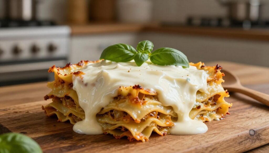 A detailed and appetizing close-up of a creamy 30% śmietanka (heavy cream) lasagne on a rustic wooden table. The lasagne is layered with rich, bubbling cheese and adorned with fresh basil leaves on top, showcasing its creamy texture. In the background, a soft-focus kitchen with warm lighting creates an inviting atmosphere, emphasizing the comfort of home-cooked Italian meals. A wooden spoon rests beside the dish, hinting at the preparation process. The lighting is warm and soft, creating an intimate mood, with shadows enhancing the depth of the layered pasta. The camera angle is slightly above the dish, allowing for a comprehensive view of its appetizing details without any additional distractions. A detailed and appetizing close-up of a creamy 30% śmietanka (heavy cream) lasagne on a rustic wooden table. The lasagne is layered with rich, bubbling cheese and adorned with fresh basil leaves on top, showcasing its creamy texture. In the background, a soft-focus kitchen with warm lighting creates an inviting atmosphere, emphasizing the comfort of home-cooked Italian meals. A wooden spoon rests beside the dish, hinting at the preparation process. The lighting is warm and soft, creating an intimate mood, with shadows enhancing the depth of the layered pasta. The camera angle is slightly above the dish, allowing for a comprehensive view of its appetizing details without any additional distractions.