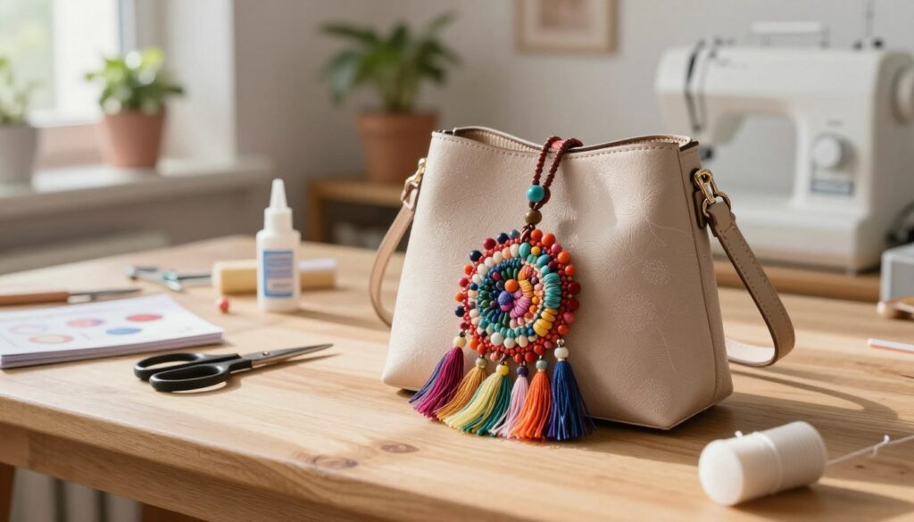 A detailed and artistic representation of a "chwost torebki" (bag charm) in a crafting setting. In the foreground, the focus is on a colorful, intricately designed bag charm made of various materials like colorful threads, beads, and tassels. The charm is elegantly draped over a stylish handbag. In the middle, a wooden crafting table displays tools like scissors, glue, and a small instructional booklet. Soft, natural lighting illuminates the scene from a window, casting gentle shadows that enhance the textures of the materials. The background features a cozy, inviting room with a soft pastel color palette, plants, and a sewing machine, creating a warm and creative atmosphere. The overall mood is inspiring and artistic, perfect for showcasing DIY elegance. A detailed and artistic representation of a "chwost torebki" (bag charm) in a crafting setting. In the foreground, the focus is on a colorful, intricately designed bag charm made of various materials like colorful threads, beads, and tassels. The charm is elegantly draped over a stylish handbag. In the middle, a wooden crafting table displays tools like scissors, glue, and a small instructional booklet. Soft, natural lighting illuminates the scene from a window, casting gentle shadows that enhance the textures of the materials. The background features a cozy, inviting room with a soft pastel color palette, plants, and a sewing machine, creating a warm and creative atmosphere. The overall mood is inspiring and artistic, perfect for showcasing DIY elegance.