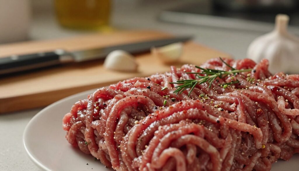 A detailed close-up of a fresh plate of ground meat, showcasing its rich red and brown hues, glistening with a touch of seasoning. The foreground features finely minced beef, with herbs sprinkled artistically on top, emphasizing freshness. In the middle of the composition, there's a vibrant chopping board with a knife and some garlic cloves, adding context to the preparation process. The background consists of a softly blurred kitchen setting, with warm, inviting lighting that casts gentle shadows, creating an atmosphere of home cooking. The image should evoke a sense of comforting nourishment, ideal for highlighting the process of preparing a delicious stuffing. The angle is slightly tilted for a dynamic perspective, ensuring all elements are in sharp focus. A detailed close-up of a fresh plate of ground meat, showcasing its rich red and brown hues, glistening with a touch of seasoning. The foreground features finely minced beef, with herbs sprinkled artistically on top, emphasizing freshness. In the middle of the composition, there's a vibrant chopping board with a knife and some garlic cloves, adding context to the preparation process. The background consists of a softly blurred kitchen setting, with warm, inviting lighting that casts gentle shadows, creating an atmosphere of home cooking. The image should evoke a sense of comforting nourishment, ideal for highlighting the process of preparing a delicious stuffing. The angle is slightly tilted for a dynamic perspective, ensuring all elements are in sharp focus.