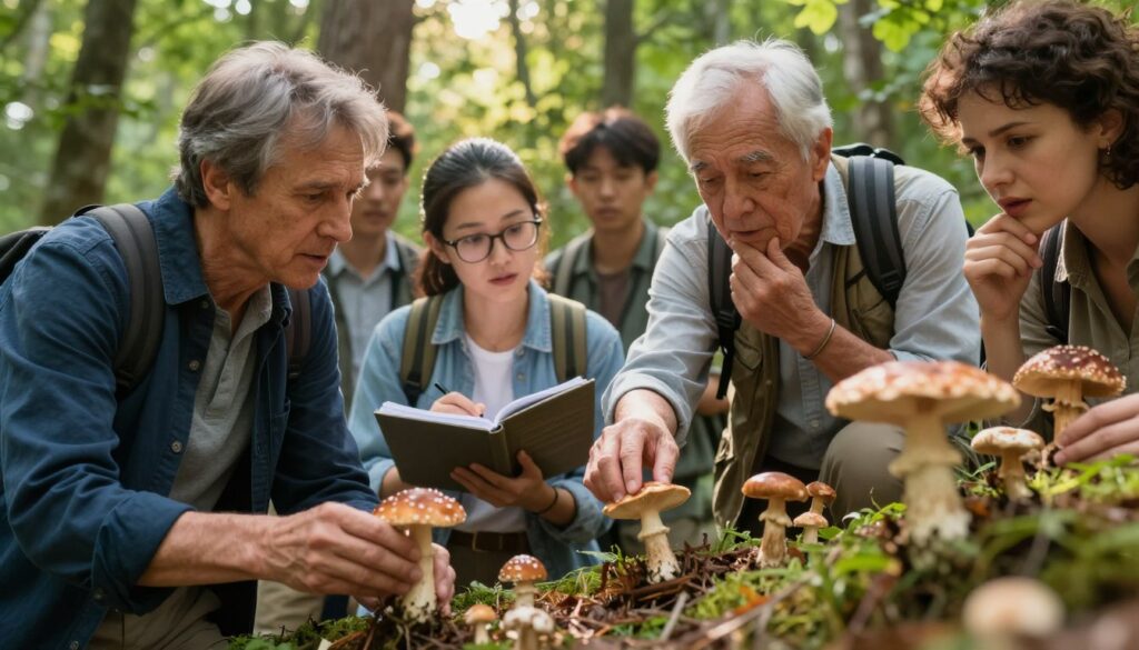 A diverse group of people in a nature setting, depicting individuals who should exercise caution when consuming mushrooms. The foreground features a middle-aged couple, dressed in smart casual attire, discussing mushroom foraging with a look of curiosity and concern. In the middle, a young woman with glasses takes notes in a field guide, while an elderly man points at a mushroom with a thoughtful expression. The background showcases a lush forest with various mushroom species, soft sunlight filtering through the leaves, creating a warm, inviting atmosphere. The scene captures a blend of education and caution, emphasizing the importance of safe mushroom consumption. The focus should be sharp, with a slight depth of field to highlight the group while keeping the forest vibrant and engaging. A diverse group of people in a nature setting, depicting individuals who should exercise caution when consuming mushrooms. The foreground features a middle-aged couple, dressed in smart casual attire, discussing mushroom foraging with a look of curiosity and concern. In the middle, a young woman with glasses takes notes in a field guide, while an elderly man points at a mushroom with a thoughtful expression. The background showcases a lush forest with various mushroom species, soft sunlight filtering through the leaves, creating a warm, inviting atmosphere. The scene captures a blend of education and caution, emphasizing the importance of safe mushroom consumption. The focus should be sharp, with a slight depth of field to highlight the group while keeping the forest vibrant and engaging.