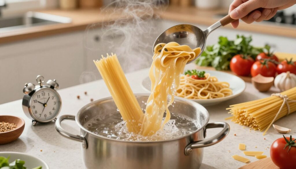 A dynamic kitchen scene showcasing the common mistakes made while cooking pasta. In the foreground, a pot of boiling water with an oversized scoop of pasta pouring in, causing an overflow. Various cooking utensils, such as a timer set to an inappropriate number, are scattered around. In the middle, a plate with undercooked pasta glistening through a light mist, emphasizing the errors in cooking timing. In the background, an array of colorful ingredients like herbs and tomatoes sit neglected. The lighting is bright and warm, creating a lively kitchen atmosphere, captured with a wide-angle lens to highlight the chaos and humor in these common cooking errors. The mood is light-hearted, inviting viewers to learn from these culinary mistakes. A dynamic kitchen scene showcasing the common mistakes made while cooking pasta. In the foreground, a pot of boiling water with an oversized scoop of pasta pouring in, causing an overflow. Various cooking utensils, such as a timer set to an inappropriate number, are scattered around. In the middle, a plate with undercooked pasta glistening through a light mist, emphasizing the errors in cooking timing. In the background, an array of colorful ingredients like herbs and tomatoes sit neglected. The lighting is bright and warm, creating a lively kitchen atmosphere, captured with a wide-angle lens to highlight the chaos and humor in these common cooking errors. The mood is light-hearted, inviting viewers to learn from these culinary mistakes.