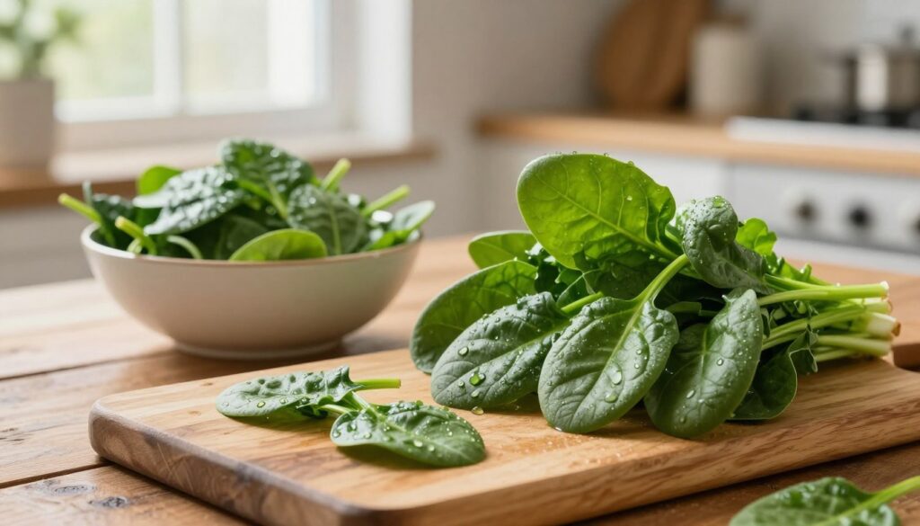 A fresh bunch of vivid green spinach, with glossy leaves glistening from a light mist of water droplets, arranged thoughtfully on a rustic wooden kitchen table. In the foreground, a textured wooden cutting board displays a few gently chopped spinach leaves, inviting a sense of preparation. The middle ground features a classic ceramic bowl filled with bright green spinach, emphasizing its freshness. In the background, soft natural light streams in through a nearby window, casting a warm glow over the scene and creating a tranquil, homey atmosphere. Use a shallow depth of field to bring focus to the vibrant colors and details of the spinach, with a softly blurred backdrop to enhance the feeling of a cozy kitchen setting. The overall mood is fresh and inviting, perfect for showcasing the depth of flavor this ingredient brings to dishes. A fresh bunch of vivid green spinach, with glossy leaves glistening from a light mist of water droplets, arranged thoughtfully on a rustic wooden kitchen table. In the foreground, a textured wooden cutting board displays a few gently chopped spinach leaves, inviting a sense of preparation. The middle ground features a classic ceramic bowl filled with bright green spinach, emphasizing its freshness. In the background, soft natural light streams in through a nearby window, casting a warm glow over the scene and creating a tranquil, homey atmosphere. Use a shallow depth of field to bring focus to the vibrant colors and details of the spinach, with a softly blurred backdrop to enhance the feeling of a cozy kitchen setting. The overall mood is fresh and inviting, perfect for showcasing the depth of flavor this ingredient brings to dishes.