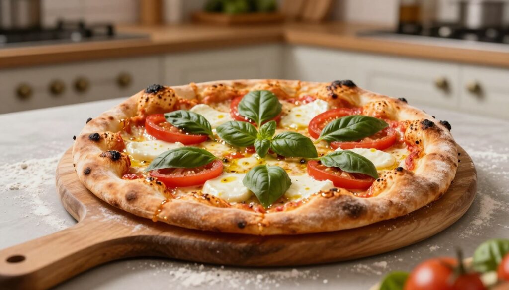 A fresh, golden-brown pizza with perfectly crisp edges, showcasing a handmade crust that is slightly charred in places, glistening with a hint of olive oil. The pizza is topped with vibrant ingredients: bright red tomatoes, melting mozzarella cheese, and aromatic basil leaves, artfully arranged to draw the eye. In the foreground, a rustic wooden pizza peel rests beside the pizza, with flour on its surface, indicating the artisan method of preparation. The background features a cozy kitchen setting, with soft, warm lighting that enhances the inviting mood of home cooking. A subtle focus effect draws attention to the pizza, while the blurred kitchen elements create a warm, intimate atmosphere, emphasizing the craftsmanship involved in achieving those perfect crispy edges.