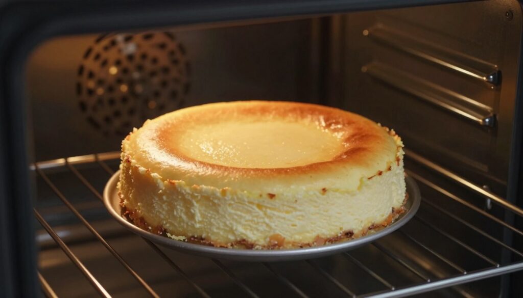 A freshly baked cheesecake cooling in an oven with the door slightly ajar, revealing a golden-brown top and perfectly set filling. The cheesecake, placed on a wire rack, shows a smooth texture with a hint of cracks around the edges, indicating it is cooling properly. The focus is on the cheesecake in the foreground, with soft, ambient lighting creating a warm atmosphere. In the background, the dark interior of the oven features soft shadows, emphasizing the warmth inside. The scene evokes a sense of calm and care, perfect for illustrating the delicate process of cooling a cheesecake. The camera angle is slightly above eye level, capturing the cheesecake at a slight angle for a dynamic composition. A freshly baked cheesecake cooling in an oven with the door slightly ajar, revealing a golden-brown top and perfectly set filling. The cheesecake, placed on a wire rack, shows a smooth texture with a hint of cracks around the edges, indicating it is cooling properly. The focus is on the cheesecake in the foreground, with soft, ambient lighting creating a warm atmosphere. In the background, the dark interior of the oven features soft shadows, emphasizing the warmth inside. The scene evokes a sense of calm and care, perfect for illustrating the delicate process of cooling a cheesecake. The camera angle is slightly above eye level, capturing the cheesecake at a slight angle for a dynamic composition.
