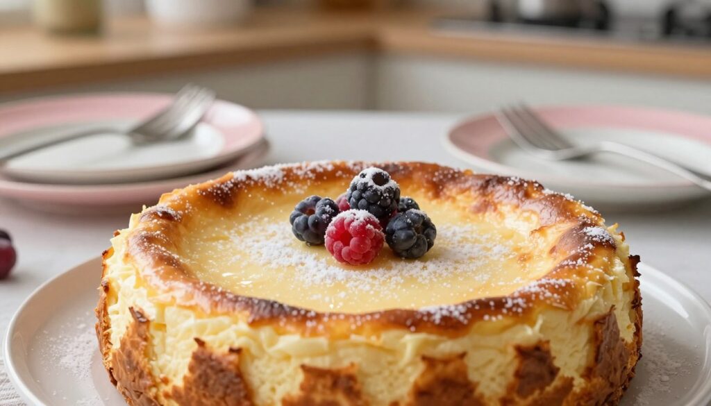 A freshly baked sernik, or cheesecake, displayed prominently in the foreground, showcasing its creamy, luscious texture and golden-brown top. The sernik is garnished with a light dusting of powdered sugar and a few fresh berries for a pop of color. In the middle ground, there are elegant pastel plates and silver utensils, suggesting a homey yet sophisticated atmosphere. The background features a softly blurred kitchen setting with warm, natural lighting, hinting at a cozy baking environment. The mood is inviting and comforting, evoking the sense of warmth and joy associated with baking. The angle is slightly overhead, capturing the full beauty of the cheesecake while maintaining an inviting composition.