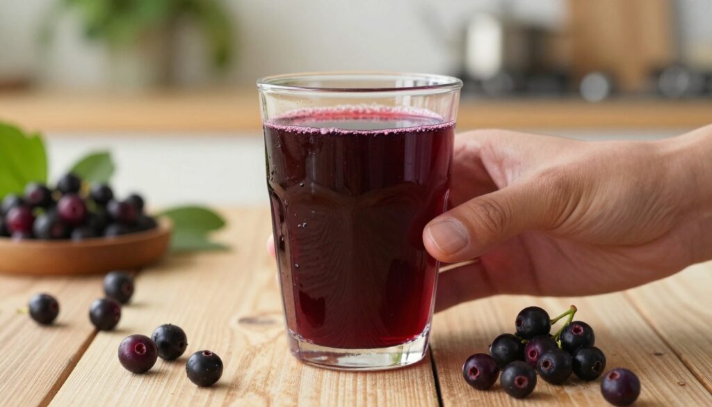 A glass of rich, deep purple aronia juice sits prominently in the foreground, glistening under soft, natural light. The juice is surrounded by fresh, whole aronia berries, scattered artistically on a rustic wooden table, highlighting their vibrant color and texture. In the middle ground, a hand with well-manicured fingers gently holds the glass, conveying a sense of everyday enjoyment and wellness. In the background, a softly blurred kitchen setting with green plants adds a touch of freshness and a feeling of health. The atmosphere feels warm and inviting, emphasizing the health benefits of drinking aronia juice daily. The overall composition is inviting and captures a moment of indulgence in a healthy lifestyle, evoking a sense of tranquility and nourishment. A glass of rich, deep purple aronia juice sits prominently in the foreground, glistening under soft, natural light. The juice is surrounded by fresh, whole aronia berries, scattered artistically on a rustic wooden table, highlighting their vibrant color and texture. In the middle ground, a hand with well-manicured fingers gently holds the glass, conveying a sense of everyday enjoyment and wellness. In the background, a softly blurred kitchen setting with green plants adds a touch of freshness and a feeling of health. The atmosphere feels warm and inviting, emphasizing the health benefits of drinking aronia juice daily. The overall composition is inviting and captures a moment of indulgence in a healthy lifestyle, evoking a sense of tranquility and nourishment.