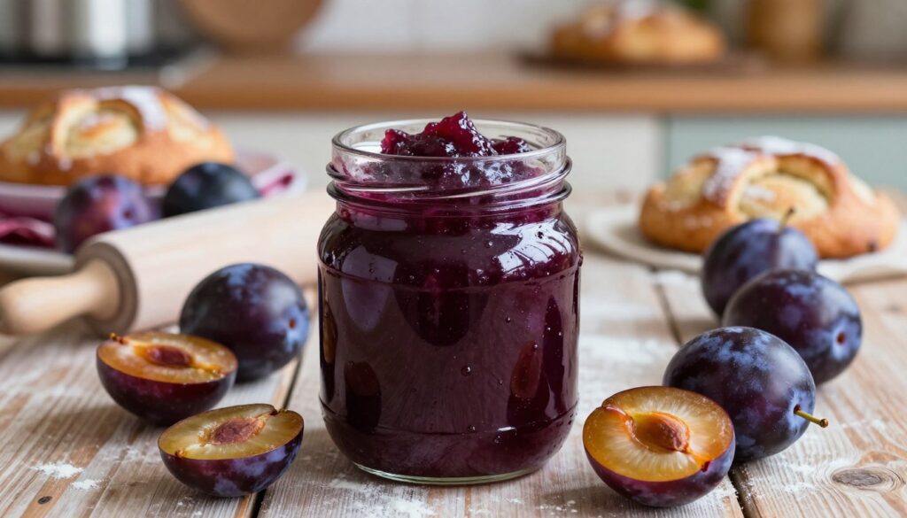 A jar of traditional Polish powidła śliwkowe, rich and glossy with deep purple hues, is prominently placed in the foreground. The jar, made of clear glass, reveals the thick texture of the homemade plum spread, glistening under soft natural light. Surrounding the jar, fresh plums, some cut in half to showcase their vibrant flesh, are scattered artfully, accentuating the main subject. In the middle ground, a rustic wooden table enhances the warm, homey atmosphere, while a rolling pin and flour dust hint at the baking process. In the background, a blurred kitchen setting with traditional bakeware creates a nostalgic feeling. The overall mood is cozy and inviting, evoking the comforting traditions of baking. A jar of traditional Polish powidła śliwkowe, rich and glossy with deep purple hues, is prominently placed in the foreground. The jar, made of clear glass, reveals the thick texture of the homemade plum spread, glistening under soft natural light. Surrounding the jar, fresh plums, some cut in half to showcase their vibrant flesh, are scattered artfully, accentuating the main subject. In the middle ground, a rustic wooden table enhances the warm, homey atmosphere, while a rolling pin and flour dust hint at the baking process. In the background, a blurred kitchen setting with traditional bakeware creates a nostalgic feeling. The overall mood is cozy and inviting, evoking the comforting traditions of baking.