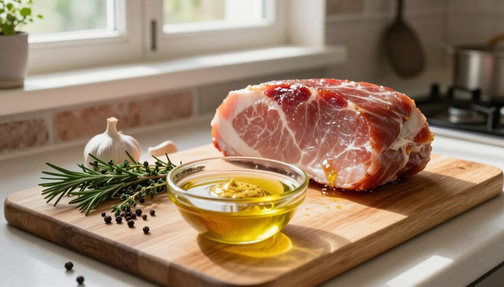 A kitchen countertop scene featuring the preparation of a flavorful ham marinade. In the foreground, a wooden cutting board displaying fresh herbs like rosemary and thyme, along with spices such as garlic and black peppercorns. A small bowl containing a vibrant, glossy marinade, mixing olive oil, vinegar, and mustard. In the middle, a beautifully presented piece of raw ham, ready to be marinated, glistening under warm, natural light from a nearby window. In the background, the kitchen adorned with rustic elements, such as hanging utensils and a brick wall, enhancing the homey atmosphere. The overall mood is inviting and warm, perfect for a culinary experience. The shot is taken from a slightly elevated angle, capturing the details of the ingredients and the ham. A kitchen countertop scene featuring the preparation of a flavorful ham marinade. In the foreground, a wooden cutting board displaying fresh herbs like rosemary and thyme, along with spices such as garlic and black peppercorns. A small bowl containing a vibrant, glossy marinade, mixing olive oil, vinegar, and mustard. In the middle, a beautifully presented piece of raw ham, ready to be marinated, glistening under warm, natural light from a nearby window. In the background, the kitchen adorned with rustic elements, such as hanging utensils and a brick wall, enhancing the homey atmosphere. The overall mood is inviting and warm, perfect for a culinary experience. The shot is taken from a slightly elevated angle, capturing the details of the ingredients and the ham.