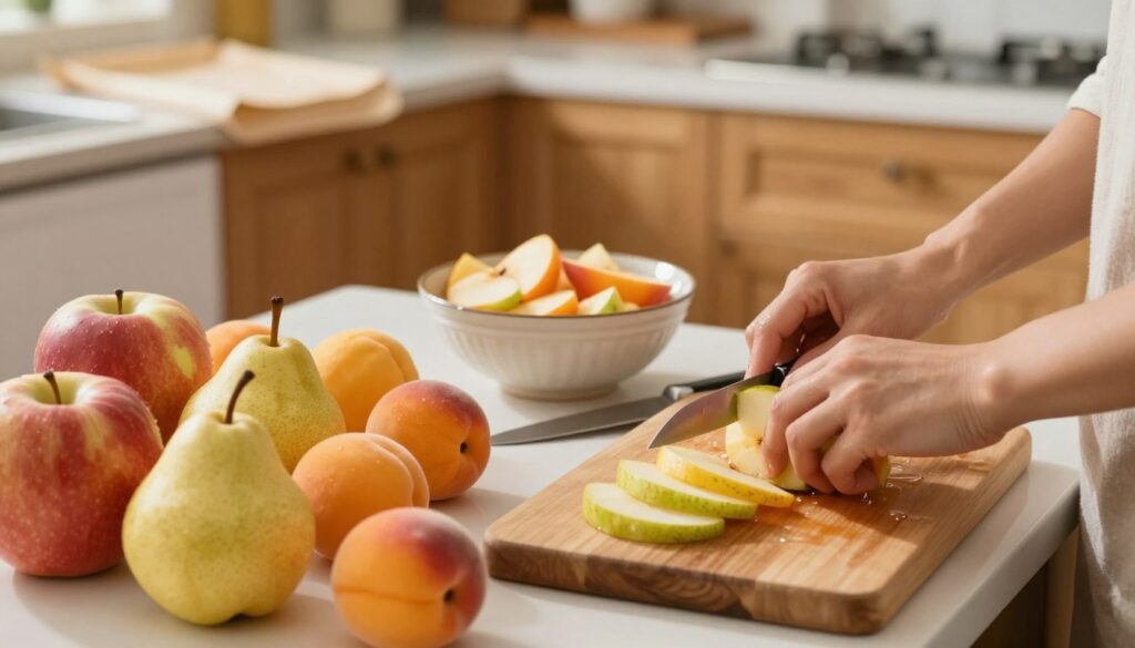 A kitchen scene featuring vibrant, fresh fruits such as apples, pears, peaches, and apricots, neatly arranged on a wooden cutting board. In the foreground, a person's hands are seen carefully washing and slicing the fruits, showcasing the preparation process. The middle ground includes a stainless steel knife and a ceramic bowl filled with sliced fruits ready for drying. In the background, a cozy kitchen with warm lighting illuminates the space, highlighting wooden cabinets and a drying rack filled with parchment paper. The atmosphere is inviting and homey, evoking a sense of healthy cooking and delicious homemade snacks. The composition should have a soft focus on the background, accentuating the foreground preparation.