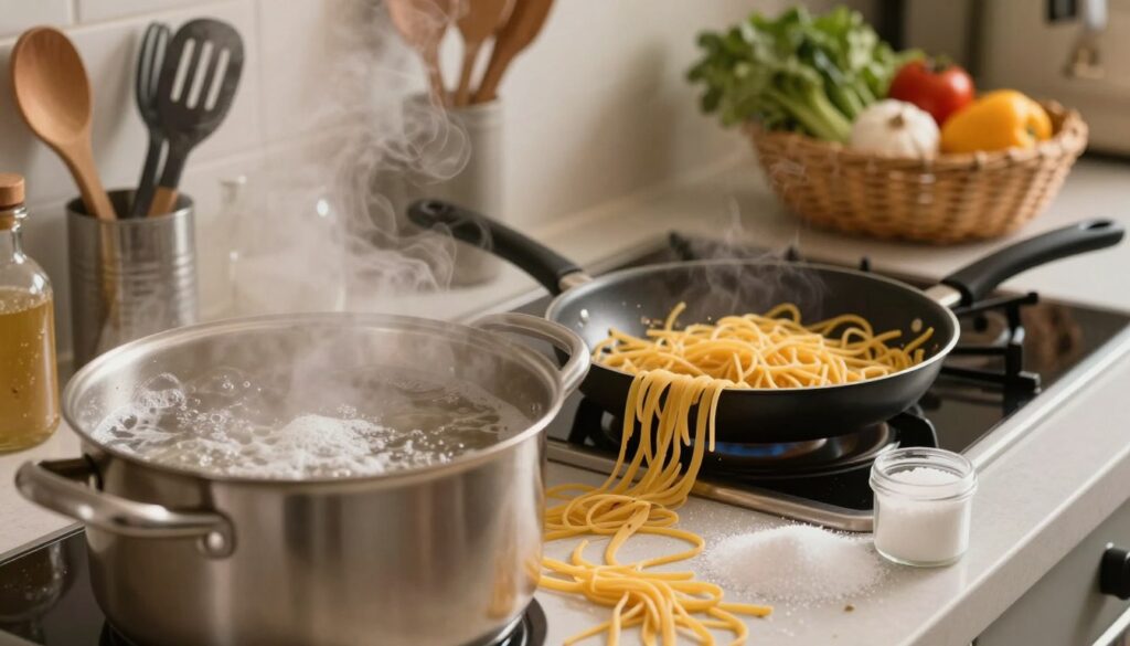 A kitchen scene showcasing common mistakes in cooking pasta. In the foreground, a large pot of boiling water with steam rising, overflowing as pasta spills out, highlighting improper pasta-to-water ratio. On the side, an unmeasured heap of salt beside an open container, representing the mistake of not salting the water adequately. In the middle ground, a slightly burnt, sticking pasta clinging to the bottom of a pan, illustrating the error of overcooking. The background features a well-organized kitchen counter with utensils and an unprepared fresh ingredient basket. The lighting is warm and inviting with soft shadows, creating a slightly chaotic yet educational atmosphere, as if capturing a moment of trial and error in a home cooking environment. A kitchen scene showcasing common mistakes in cooking pasta. In the foreground, a large pot of boiling water with steam rising, overflowing as pasta spills out, highlighting improper pasta-to-water ratio. On the side, an unmeasured heap of salt beside an open container, representing the mistake of not salting the water adequately. In the middle ground, a slightly burnt, sticking pasta clinging to the bottom of a pan, illustrating the error of overcooking. The background features a well-organized kitchen counter with utensils and an unprepared fresh ingredient basket. The lighting is warm and inviting with soft shadows, creating a slightly chaotic yet educational atmosphere, as if capturing a moment of trial and error in a home cooking environment.