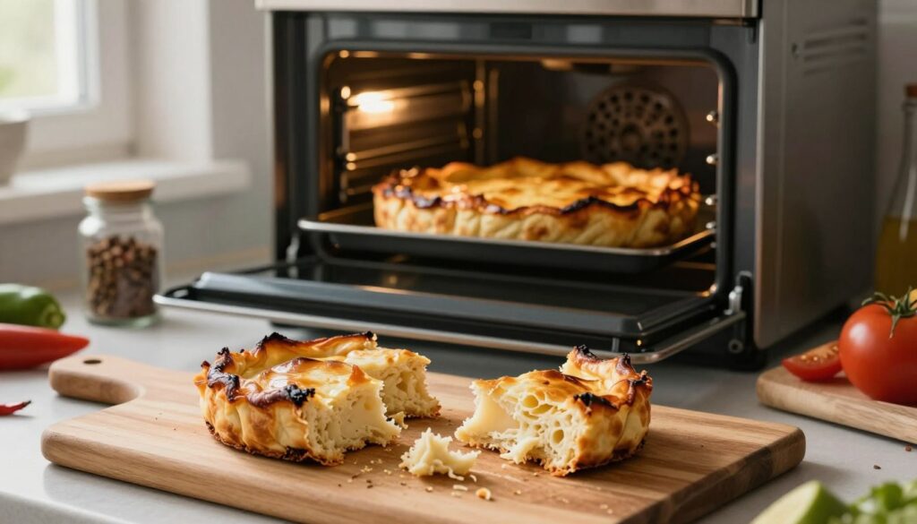 A kitchen setting focused on the concept of common mistakes while baking zapiekanka. In the foreground, a wooden cutting board displays a few burnt pieces of zapiekanka with uneven toppings and some falling off the sides, illustrating errors in preparation. The middle layer features an open oven door showing another zapiekanka, slightly undercooked, with visible dough that hasn’t crisped properly. The background has kitchen utensils and ingredients scattered, like a jar of spices and fresh vegetables, adding a touch of chaos. Soft, warm light filters in from the side window, creating an inviting yet slightly tense atmosphere, emphasizing the importance of attention to detail in cooking. A kitchen setting focused on the concept of common mistakes while baking zapiekanka. In the foreground, a wooden cutting board displays a few burnt pieces of zapiekanka with uneven toppings and some falling off the sides, illustrating errors in preparation. The middle layer features an open oven door showing another zapiekanka, slightly undercooked, with visible dough that hasn’t crisped properly. The background has kitchen utensils and ingredients scattered, like a jar of spices and fresh vegetables, adding a touch of chaos. Soft, warm light filters in from the side window, creating an inviting yet slightly tense atmosphere, emphasizing the importance of attention to detail in cooking.