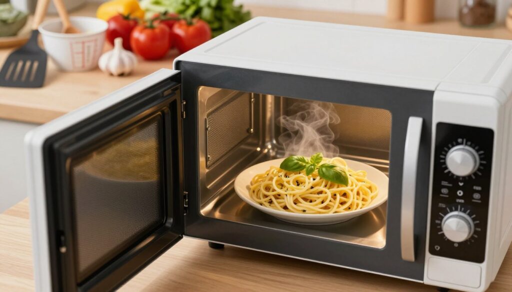 A modern kitchen scene featuring a microwave in the foreground, opened to reveal a bowl of steaming pasta inside. The pasta is cooked perfectly, glistening with olive oil and garnished with fresh basil. In the middle, a countertop displays various kitchen utensils, such as a spatula and measuring cups, emphasizing a tidy workspace. The background shows colorful ingredients, like tomatoes and garlic, creating a vibrant, appetizing atmosphere. Soft, warm lighting highlights the textures of the pasta and the kitchen, giving the image a cozy feel. The camera angle is slightly elevated, focusing on the microwave and the pasta, while maintaining a tidy kitchen aesthetic. Overall, the mood is inviting and homey, perfect for illustrating practical microwave tips for reheating pasta without drying or sticking. A modern kitchen scene featuring a microwave in the foreground, opened to reveal a bowl of steaming pasta inside. The pasta is cooked perfectly, glistening with olive oil and garnished with fresh basil. In the middle, a countertop displays various kitchen utensils, such as a spatula and measuring cups, emphasizing a tidy workspace. The background shows colorful ingredients, like tomatoes and garlic, creating a vibrant, appetizing atmosphere. Soft, warm lighting highlights the textures of the pasta and the kitchen, giving the image a cozy feel. The camera angle is slightly elevated, focusing on the microwave and the pasta, while maintaining a tidy kitchen aesthetic. Overall, the mood is inviting and homey, perfect for illustrating practical microwave tips for reheating pasta without drying or sticking.