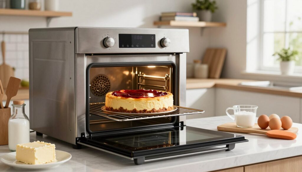 A modern kitchen scene showcasing a sleek, stainless steel oven set to a baking temperature, with the door slightly ajar, revealing a perfectly baked cheesecake resting on a wire rack. The foreground features a well-organized countertop with baking ingredients such as cream cheese, sugar, and eggs artfully arranged, alongside utensils like a spatula and measuring cups. In the middle, the main focus is the cheesecake, adorned with a glossy fruit glaze, radiating warmth and inviting texture. The background includes soft-focus kitchen elements such as floating shelves with baking books and a potted plant, enhancing the homey atmosphere. Natural sunlight streams in through a window, casting a warm glow across the scene, evoking a sense of comfort and culinary creativity. A modern kitchen scene showcasing a sleek, stainless steel oven set to a baking temperature, with the door slightly ajar, revealing a perfectly baked cheesecake resting on a wire rack. The foreground features a well-organized countertop with baking ingredients such as cream cheese, sugar, and eggs artfully arranged, alongside utensils like a spatula and measuring cups. In the middle, the main focus is the cheesecake, adorned with a glossy fruit glaze, radiating warmth and inviting texture. The background includes soft-focus kitchen elements such as floating shelves with baking books and a potted plant, enhancing the homey atmosphere. Natural sunlight streams in through a window, casting a warm glow across the scene, evoking a sense of comfort and culinary creativity.