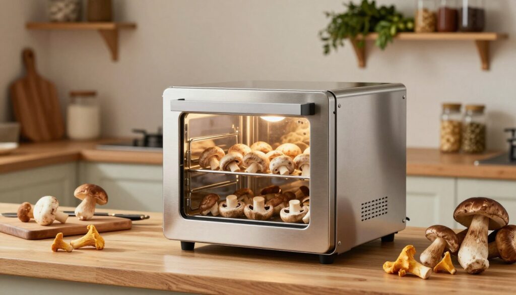 A modern mushroom dryer showcased in a rustic kitchen setting, emphasizing its sleek design and functionality. In the foreground, a well-lit, polished stainless steel mushroom dryer stands prominently, its door slightly ajar to reveal neatly arranged mushrooms inside. The middle ground features a wooden countertop adorned with various freshly picked mushrooms like chanterelles and porcini, alongside cutting boards and knife sets. The background includes shelves filled with herbs and spices, giving a homely, organic feel. Warm, soft lighting casts gentle shadows, creating an inviting atmosphere. The perspective is slightly angled for depth, enhancing the focus on the mushroom dryer while maintaining a cozy kitchen ambiance. No human figures are present. A modern mushroom dryer showcased in a rustic kitchen setting, emphasizing its sleek design and functionality. In the foreground, a well-lit, polished stainless steel mushroom dryer stands prominently, its door slightly ajar to reveal neatly arranged mushrooms inside. The middle ground features a wooden countertop adorned with various freshly picked mushrooms like chanterelles and porcini, alongside cutting boards and knife sets. The background includes shelves filled with herbs and spices, giving a homely, organic feel. Warm, soft lighting casts gentle shadows, creating an inviting atmosphere. The perspective is slightly angled for depth, enhancing the focus on the mushroom dryer while maintaining a cozy kitchen ambiance. No human figures are present.