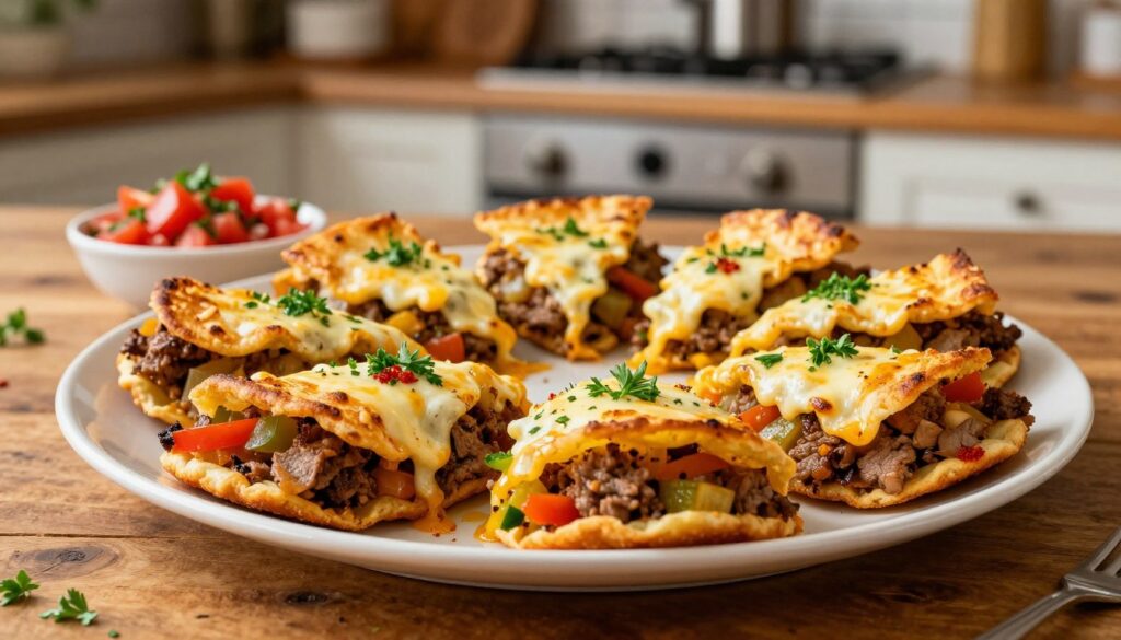 A mouthwatering plate of "placki tortilli," showcasing golden, crispy tortilla stacks layered with rich, melted cheese, tender vegetables, and savory meat, elegantly arranged in a semi-circle. The foreground features the beautifully baked dish, garnished with fresh herbs like parsley and a hint of red paprika for color. In the middle, a warm, rustic wooden table adds charm, alongside a small bowl of tomato salsa with vibrant colors. The background is softly blurred, revealing a cozy kitchen setting with warm lighting, evoking a comfortable and inviting atmosphere. The scene captures a delightful culinary experience, focusing on the delicious, appetizing qualities of this unique dish. A mouthwatering plate of "placki tortilli," showcasing golden, crispy tortilla stacks layered with rich, melted cheese, tender vegetables, and savory meat, elegantly arranged in a semi-circle. The foreground features the beautifully baked dish, garnished with fresh herbs like parsley and a hint of red paprika for color. In the middle, a warm, rustic wooden table adds charm, alongside a small bowl of tomato salsa with vibrant colors. The background is softly blurred, revealing a cozy kitchen setting with warm lighting, evoking a comfortable and inviting atmosphere. The scene captures a delightful culinary experience, focusing on the delicious, appetizing qualities of this unique dish.