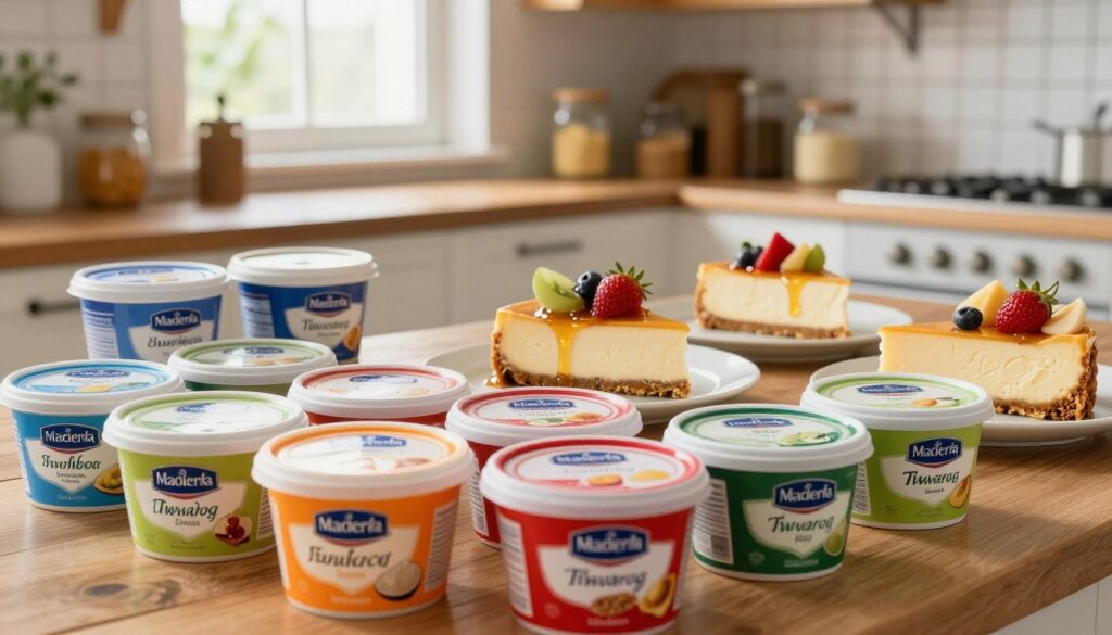 A neatly arranged display of various high-quality cheese tubs (ser wiaderka) ideal for cheesecake making. In the foreground, several brightly colored tubs of cheese are prominently featured, each labeled with recognizable Polish brands for soft, creamy twaróg. The middle ground showcases delicious cheesecake slices artistically plated, topped with fresh fruits and a drizzle of honey. The background features a rustic kitchen setting with wooden shelves, jars of ingredients, and natural light streaming in through a window, creating a warm and inviting atmosphere. The focal point is on the visual appeal of the cheese and dessert, emphasizing creamy textures and rich colors. Soft focus on the background to highlight the foreground objects. Ideal lighting creates a cozy, appetizing mood, evoking culinary inspiration. A neatly arranged display of various high-quality cheese tubs (ser wiaderka) ideal for cheesecake making. In the foreground, several brightly colored tubs of cheese are prominently featured, each labeled with recognizable Polish brands for soft, creamy twaróg. The middle ground showcases delicious cheesecake slices artistically plated, topped with fresh fruits and a drizzle of honey. The background features a rustic kitchen setting with wooden shelves, jars of ingredients, and natural light streaming in through a window, creating a warm and inviting atmosphere. The focal point is on the visual appeal of the cheese and dessert, emphasizing creamy textures and rich colors. Soft focus on the background to highlight the foreground objects. Ideal lighting creates a cozy, appetizing mood, evoking culinary inspiration.