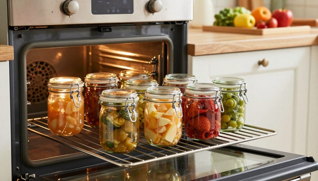 A neatly arranged kitchen scene depicting the process of jar sterilization for preserves. In the foreground, several glass jars of different shapes and sizes are placed on an oven rack, reflecting bright, natural light. The middle ground shows an oven door slightly ajar, with warm, golden light emanating from inside, highlighting the jars. In the background, there are kitchen utensils and a countertop with fruits and vegetables ready for preservation, conveying a sense of preparation and abundance. The atmosphere is warm and inviting, emphasizing cleanliness and safety in food preparation. Soft shadows create depth, and the overall composition inspires a sense of homely care and meticulousness in the art of canning. A neatly arranged kitchen scene depicting the process of jar sterilization for preserves. In the foreground, several glass jars of different shapes and sizes are placed on an oven rack, reflecting bright, natural light. The middle ground shows an oven door slightly ajar, with warm, golden light emanating from inside, highlighting the jars. In the background, there are kitchen utensils and a countertop with fruits and vegetables ready for preservation, conveying a sense of preparation and abundance. The atmosphere is warm and inviting, emphasizing cleanliness and safety in food preparation. Soft shadows create depth, and the overall composition inspires a sense of homely care and meticulousness in the art of canning.
