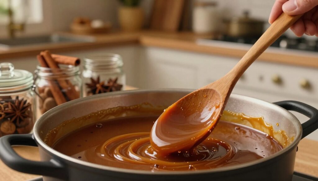 A rich and inviting close-up of a pot simmering with freshly made caramel, showcasing its deep amber color and glossy texture. The foreground features a wooden spoon stirring the caramel, glistening under warm, ambient light. In the middle ground, jars of spices like cinnamon, nutmeg, and vanilla pods hint at flavor enhancements, artfully arranged beside the pot. The background softly blurs into a cozy kitchen scene with rustic shelves filled with baking ingredients. The lighting is soft and warm, evoking a sense of home and comfort, creating an atmospheric feel of a traditional kitchen during the holiday season. The composition captures the essence of enriching caramel aromas, inviting viewers to explore the delicious possibilities of homemade caramel for gingerbread.
