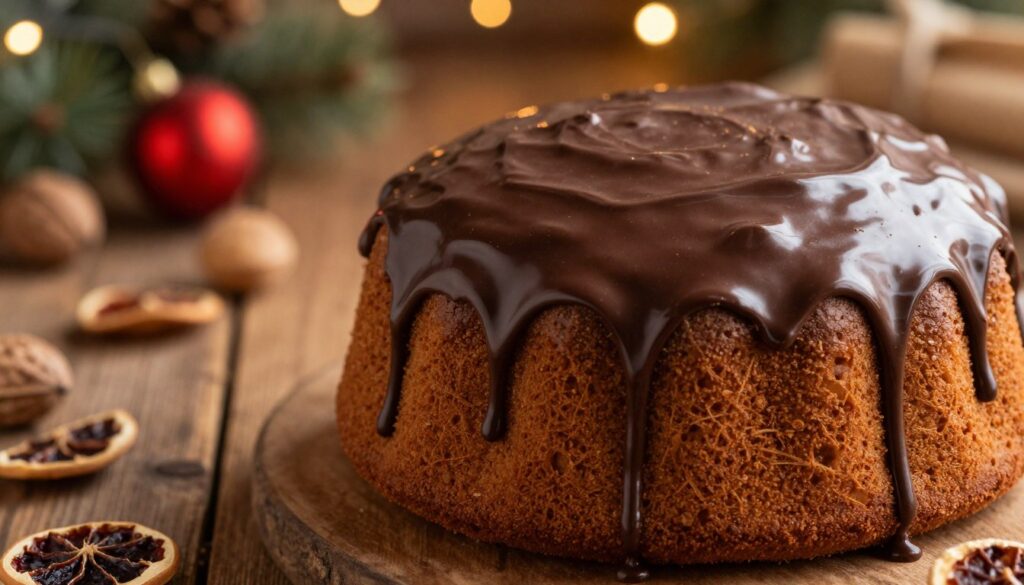 A rich, glossy chocolate glaze drips gracefully over a beautifully spiced gingerbread cake, showcasing a smooth, reflective surface. In the foreground, the focus is on a close-up of the cake, with the chocolate icing shimmering under soft, warm lighting that accentuates its glossy texture. The middle layer features a blurred view of a rustic wooden table adorned with festive decorations, such as nuts and dried fruits, enhancing the seasonal atmosphere. In the background, soft bokeh lights twinkle, evoking a cozy, inviting ambiance. The angle of the shot is slightly tilted, capturing the height of the cake and the elegance of the chocolate glaze as it cascades down the sides, creating a mouth-watering and visually appealing composition. A rich, glossy chocolate glaze drips gracefully over a beautifully spiced gingerbread cake, showcasing a smooth, reflective surface. In the foreground, the focus is on a close-up of the cake, with the chocolate icing shimmering under soft, warm lighting that accentuates its glossy texture. The middle layer features a blurred view of a rustic wooden table adorned with festive decorations, such as nuts and dried fruits, enhancing the seasonal atmosphere. In the background, soft bokeh lights twinkle, evoking a cozy, inviting ambiance. The angle of the shot is slightly tilted, capturing the height of the cake and the elegance of the chocolate glaze as it cascades down the sides, creating a mouth-watering and visually appealing composition.