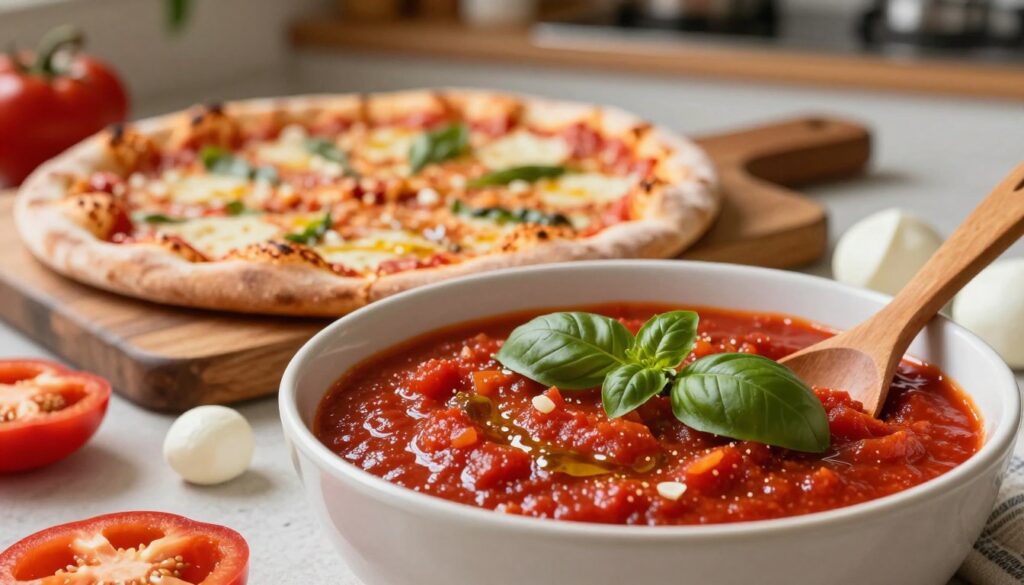 A rich, vibrant bowl of homemade tomato sauce, glistening with fresh basil leaves, sits prominently in the foreground, with a wooden spoon resting on the side. The sauce is a deep red, speckled with hints of garlic and olive oil, its texture smooth yet chunky. In the middle ground, a freshly baked pizza crust is displayed on a rustic wooden cutting board, showcasing the perfect golden-brown edges. Scattered around are ingredients like pepper slices and mozzarella pearls. The background features a softly blurred kitchen scene, with warm, inviting lighting that creates a cozy atmosphere. The angle is slightly angled downwards to capture the depth of the pizza and sauce, evoking a sense of warmth and appetite. The overall mood is homey and inviting, emphasizing the art of pizza-making. A rich, vibrant bowl of homemade tomato sauce, glistening with fresh basil leaves, sits prominently in the foreground, with a wooden spoon resting on the side. The sauce is a deep red, speckled with hints of garlic and olive oil, its texture smooth yet chunky. In the middle ground, a freshly baked pizza crust is displayed on a rustic wooden cutting board, showcasing the perfect golden-brown edges. Scattered around are ingredients like pepper slices and mozzarella pearls. The background features a softly blurred kitchen scene, with warm, inviting lighting that creates a cozy atmosphere. The angle is slightly angled downwards to capture the depth of the pizza and sauce, evoking a sense of warmth and appetite. The overall mood is homey and inviting, emphasizing the art of pizza-making.