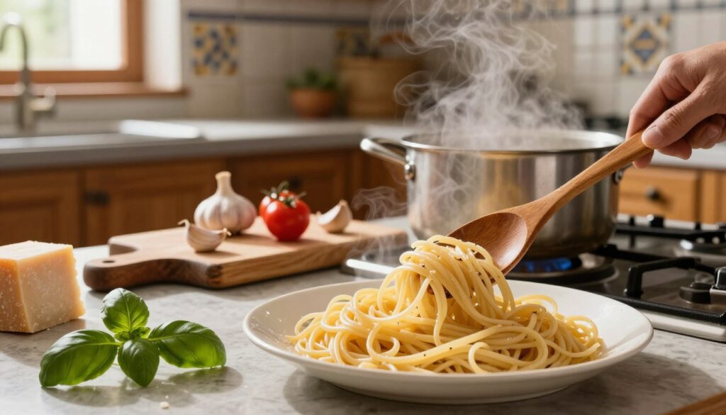 A rustic Italian kitchen scene with a pot of boiling pasta on the stove, steam rising into the air. In the foreground, a wooden spoon stirs the pasta, showing perfectly cooked al dente strands. Fresh basil leaves and a block of Parmesan cheese sit nearby, emphasizing the traditional Italian cooking aesthetic. In the middle, a well-used wooden chopping board displays a few cloves of garlic and cherry tomatoes, hinting at a sauce preparation. In the background, the kitchen features vintage ceramic tiles and warm wooden cabinets, creating an inviting atmosphere. Soft, natural lighting streams through a window, casting gentle shadows and enhancing the warm, homely feel of the space. The overall mood is cozy and authentic, capturing the essence of cooking pasta al dente in Italian tradition. A rustic Italian kitchen scene with a pot of boiling pasta on the stove, steam rising into the air. In the foreground, a wooden spoon stirs the pasta, showing perfectly cooked al dente strands. Fresh basil leaves and a block of Parmesan cheese sit nearby, emphasizing the traditional Italian cooking aesthetic. In the middle, a well-used wooden chopping board displays a few cloves of garlic and cherry tomatoes, hinting at a sauce preparation. In the background, the kitchen features vintage ceramic tiles and warm wooden cabinets, creating an inviting atmosphere. Soft, natural lighting streams through a window, casting gentle shadows and enhancing the warm, homely feel of the space. The overall mood is cozy and authentic, capturing the essence of cooking pasta al dente in Italian tradition.
