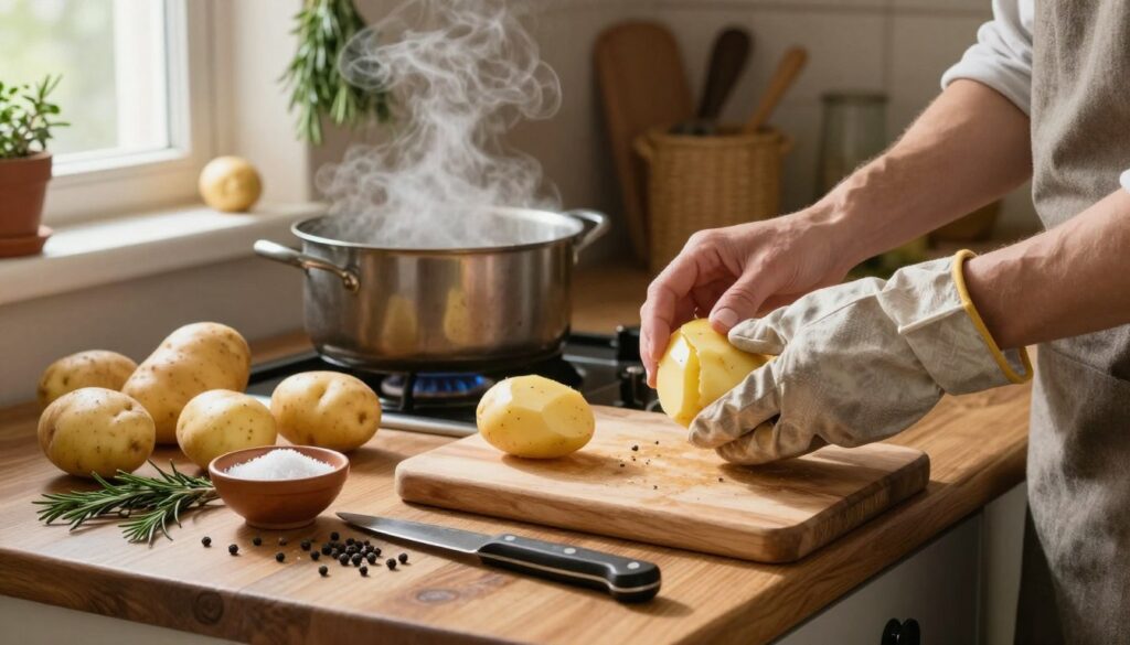 A rustic kitchen counter filled with fresh, unpeeled potatoes, ready for preparation. In the foreground, a wooden cutting board with a sharp knife, and a small bowl of salt beside it. Scattered coarse black peppercorns and a sprig of fresh rosemary add color. The middle ground features a pot of boiling water on a stove, steam rising, with a pair of hands (wearing modest cooking gloves) expertly peeling a potato. In the background, a cozy kitchen scene with soft, warm lighting streaming in from a nearby window, illuminating the details and textures of the wooden cabinets and fresh herbs hanging. The atmosphere is inviting and homely, perfect for family cooking moments. A rustic kitchen counter filled with fresh, unpeeled potatoes, ready for preparation. In the foreground, a wooden cutting board with a sharp knife, and a small bowl of salt beside it. Scattered coarse black peppercorns and a sprig of fresh rosemary add color. The middle ground features a pot of boiling water on a stove, steam rising, with a pair of hands (wearing modest cooking gloves) expertly peeling a potato. In the background, a cozy kitchen scene with soft, warm lighting streaming in from a nearby window, illuminating the details and textures of the wooden cabinets and fresh herbs hanging. The atmosphere is inviting and homely, perfect for family cooking moments.