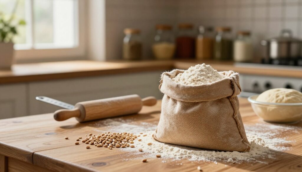 A rustic kitchen scene featuring a sack of spelt flour (mąka orkiszowa) prominently placed in the foreground, with grains scattered artistically around it. In the middle, a wooden table is adorned with warm-toned baking tools—measuring cups, rolling pin, and a mixing bowl filled with dough. The background softly depicts shelves lined with jars of spices and herbs, bathed in soft, natural light filtering through a nearby window, creating a cozy atmosphere. The focus is sharp on the flour sack and dough, while the background is slightly blurred for depth. The overall mood is nostalgic and inviting, symbolizing a modern culinary approach to traditional baking. A rustic kitchen scene featuring a sack of spelt flour (mąka orkiszowa) prominently placed in the foreground, with grains scattered artistically around it. In the middle, a wooden table is adorned with warm-toned baking tools—measuring cups, rolling pin, and a mixing bowl filled with dough. The background softly depicts shelves lined with jars of spices and herbs, bathed in soft, natural light filtering through a nearby window, creating a cozy atmosphere. The focus is sharp on the flour sack and dough, while the background is slightly blurred for depth. The overall mood is nostalgic and inviting, symbolizing a modern culinary approach to traditional baking.