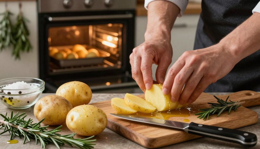 A rustic kitchen scene featuring fresh, unpeeled potatoes on a wooden cutting board, surrounded by sprigs of rosemary and a drizzle of olive oil. In the foreground, a sharp knife rests alongside the potatoes, emphasizing the preparation process. The middle of the image showcases a chef's hands skillfully washing and slicing the potatoes into wedges, with a bowl of sea salt and pepper visible nearby, enhancing the aroma. The background reveals an inviting oven with warm light radiating, ready for baking, and herbs hanging from hooks above. The lighting is soft and warm, creating a cozy and aromatic atmosphere, perfect for displaying the art of preparing potatoes for baking. A rustic kitchen scene featuring fresh, unpeeled potatoes on a wooden cutting board, surrounded by sprigs of rosemary and a drizzle of olive oil. In the foreground, a sharp knife rests alongside the potatoes, emphasizing the preparation process. The middle of the image showcases a chef's hands skillfully washing and slicing the potatoes into wedges, with a bowl of sea salt and pepper visible nearby, enhancing the aroma. The background reveals an inviting oven with warm light radiating, ready for baking, and herbs hanging from hooks above. The lighting is soft and warm, creating a cozy and aromatic atmosphere, perfect for displaying the art of preparing potatoes for baking.