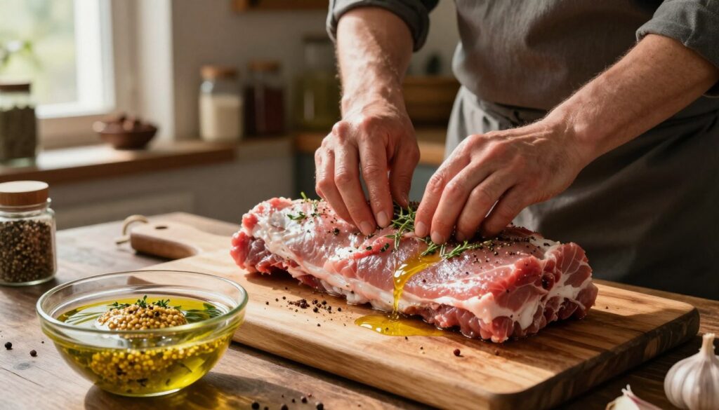 A rustic kitchen scene showcasing the preparation and marinating of pork loin. In the foreground, a wooden cutting board displays thick cuts of raw pork loin seasoned with aromatic herbs, garlic, and spices, glistening with oil. Next to it, a bowl filled with a vibrant marinade of olive oil, mustard, and fresh herbs. The middle ground features a chef’s hands gently massaging the marinade into the meat, wearing modest casual clothing, with a focused expression. The background reveals shelves lined with spices and a window letting in soft, warm natural lighting, casting inviting shadows. The atmosphere is cozy and homely, evoking a sense of care and delicious anticipation for a home-cooked meal. A rustic kitchen scene showcasing the preparation and marinating of pork loin. In the foreground, a wooden cutting board displays thick cuts of raw pork loin seasoned with aromatic herbs, garlic, and spices, glistening with oil. Next to it, a bowl filled with a vibrant marinade of olive oil, mustard, and fresh herbs. The middle ground features a chef’s hands gently massaging the marinade into the meat, wearing modest casual clothing, with a focused expression. The background reveals shelves lined with spices and a window letting in soft, warm natural lighting, casting inviting shadows. The atmosphere is cozy and homely, evoking a sense of care and delicious anticipation for a home-cooked meal.