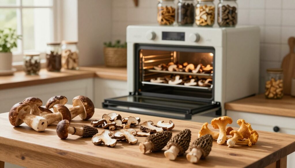 A rustic kitchen scene showcasing the process of drying mushrooms. In the foreground, a wooden table is adorned with freshly handpicked mushrooms of various species, such as porcini, chanterelles, and morels, arranged neatly. The middle ground features a modern oven with the door slightly ajar, revealing trays filled with sliced mushrooms, emitting a warm glow. Soft, diffused natural light filters through a nearby window, casting gentle shadows and highlighting the texture of the mushrooms. The background includes shelves lined with jars of dried mushrooms and herbs, enhancing the cozy, homely atmosphere. The overall mood is inviting and warm, suggesting the care and tradition in the art of drying mushrooms. A rustic kitchen scene showcasing the process of drying mushrooms. In the foreground, a wooden table is adorned with freshly handpicked mushrooms of various species, such as porcini, chanterelles, and morels, arranged neatly. The middle ground features a modern oven with the door slightly ajar, revealing trays filled with sliced mushrooms, emitting a warm glow. Soft, diffused natural light filters through a nearby window, casting gentle shadows and highlighting the texture of the mushrooms. The background includes shelves lined with jars of dried mushrooms and herbs, enhancing the cozy, homely atmosphere. The overall mood is inviting and warm, suggesting the care and tradition in the art of drying mushrooms.