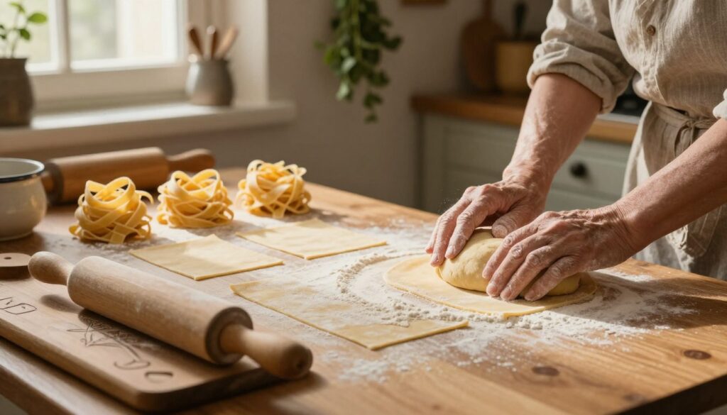 A rustic kitchen scene with a wooden countertop, featuring freshly made dough for homemade pasta, kneaded and resting under a cloth. In the foreground, a rolling pin, flour-dusted hands, and a carved wooden board are in focus. The middle ground showcases sheets of rolled-out pasta being expertly cut into fettuccine, with soft golden lighting filtering through a window, casting gentle shadows. The background reveals a cozy kitchen with traditional utensils and herbs hanging, evoking a warm, inviting atmosphere reminiscent of a grandmother's kitchen. The mood is nostalgic and comforting, highlighting the simplicity and warmth of creating homemade pasta from scratch. A rustic kitchen scene with a wooden countertop, featuring freshly made dough for homemade pasta, kneaded and resting under a cloth. In the foreground, a rolling pin, flour-dusted hands, and a carved wooden board are in focus. The middle ground showcases sheets of rolled-out pasta being expertly cut into fettuccine, with soft golden lighting filtering through a window, casting gentle shadows. The background reveals a cozy kitchen with traditional utensils and herbs hanging, evoking a warm, inviting atmosphere reminiscent of a grandmother's kitchen. The mood is nostalgic and comforting, highlighting the simplicity and warmth of creating homemade pasta from scratch.