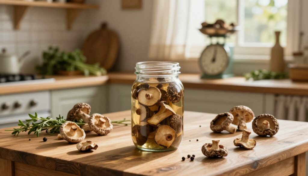 A rustic kitchen setting featuring a wooden table adorned with an assortment of dried mushrooms, showcasing various shapes and sizes. In the foreground, a beautiful glass jar filled with preserved dried mushrooms sits prominently, with sunlight gently illuminating its contents, casting soft shadows. Surrounding the jar, there are scattered herbs and spices, hinting at various culinary uses. The middle ground reveals a warm, inviting kitchen with shelves lined with herbs and a vintage scale, suggesting careful measurement and preservation practices. The background features a softly lit window with sheer curtains, where sunlight filters in, creating a cozy atmosphere. The overall mood is warm and homely, evoking a sense of tradition and care in preserving the aroma and flavor of dried mushrooms. A rustic kitchen setting featuring a wooden table adorned with an assortment of dried mushrooms, showcasing various shapes and sizes. In the foreground, a beautiful glass jar filled with preserved dried mushrooms sits prominently, with sunlight gently illuminating its contents, casting soft shadows. Surrounding the jar, there are scattered herbs and spices, hinting at various culinary uses. The middle ground reveals a warm, inviting kitchen with shelves lined with herbs and a vintage scale, suggesting careful measurement and preservation practices. The background features a softly lit window with sheer curtains, where sunlight filters in, creating a cozy atmosphere. The overall mood is warm and homely, evoking a sense of tradition and care in preserving the aroma and flavor of dried mushrooms.