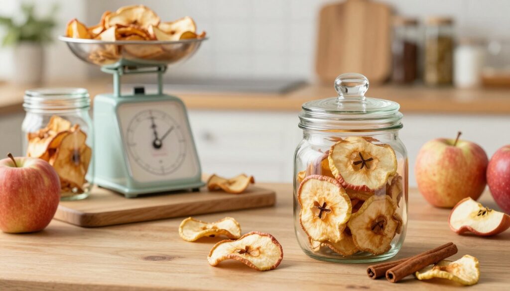 A rustic kitchen setting filled with natural light, showcasing dried apple slices neatly arranged in glass jars on a wooden table. In the foreground, a clear glass jar with a lid holds vibrant, golden-brown dried apple chips, surrounded by fresh apples and a few cinnamon sticks. In the middle, a kitchen scale and a cutting board display a methodical approach to storage. The background features a soft-focus view of herbs and spices on shelves, suggesting a homely, warm atmosphere. The scene should be well-lit, emphasizing the textures of the dried apples and the wooden surfaces, conveying a sense of natural wholesome preservation. The overall mood is inviting and informative, perfect for illustrating best practices in fruit preservation. A rustic kitchen setting filled with natural light, showcasing dried apple slices neatly arranged in glass jars on a wooden table. In the foreground, a clear glass jar with a lid holds vibrant, golden-brown dried apple chips, surrounded by fresh apples and a few cinnamon sticks. In the middle, a kitchen scale and a cutting board display a methodical approach to storage. The background features a soft-focus view of herbs and spices on shelves, suggesting a homely, warm atmosphere. The scene should be well-lit, emphasizing the textures of the dried apples and the wooden surfaces, conveying a sense of natural wholesome preservation. The overall mood is inviting and informative, perfect for illustrating best practices in fruit preservation.