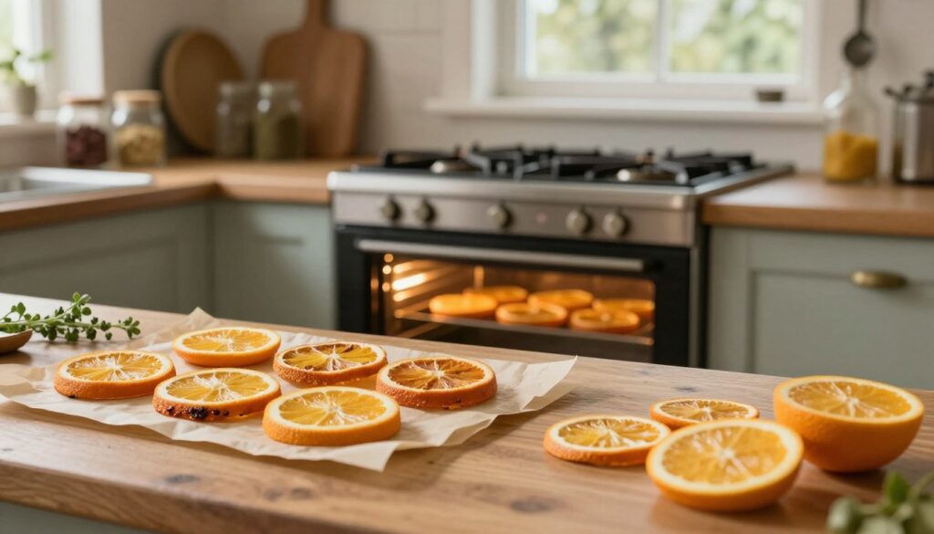 A rustic kitchen setting with a wooden countertop in the foreground, featuring vibrant orange slices laid out on parchment paper. In the middle, a well-used oven preheating, with warm light glowing from its interior, where some dried orange slices are partially visible, showcasing their golden-brown color and caramelized edges. The background contains vintage kitchen tools, jars of spices, and a window with soft, natural light streaming in, creating a cozy atmosphere. A hint of fresh herbs nearby adds to the aromatic ambiance. The scene conveys a warm, inviting mood, perfect for a homey cooking experience. A rustic kitchen setting with a wooden countertop in the foreground, featuring vibrant orange slices laid out on parchment paper. In the middle, a well-used oven preheating, with warm light glowing from its interior, where some dried orange slices are partially visible, showcasing their golden-brown color and caramelized edges. The background contains vintage kitchen tools, jars of spices, and a window with soft, natural light streaming in, creating a cozy atmosphere. A hint of fresh herbs nearby adds to the aromatic ambiance. The scene conveys a warm, inviting mood, perfect for a homey cooking experience.