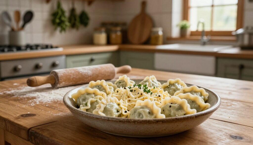 A rustic kitchen setting with a wooden table at the forefront, displaying freshly made "farsz pierogów serem," which is a creamy cheese filling for dumplings, artistically arranged in a rustic bowl. The filling is rich and textured, with visible herbs and seasonings mixed in. In the middle ground, a rolling pin, flour, and an assortment of kitchen utensils can be seen, hinting at the cooking process. The background features a warm, softly lit kitchen with hanging herbs and jars, creating a cozy atmosphere. Natural light filters in through a small window, casting a gentle glow over the scene. The overall mood exudes warmth and homeliness, inviting the viewer to explore traditional cooking techniques. A rustic kitchen setting with a wooden table at the forefront, displaying freshly made "farsz pierogów serem," which is a creamy cheese filling for dumplings, artistically arranged in a rustic bowl. The filling is rich and textured, with visible herbs and seasonings mixed in. In the middle ground, a rolling pin, flour, and an assortment of kitchen utensils can be seen, hinting at the cooking process. The background features a warm, softly lit kitchen with hanging herbs and jars, creating a cozy atmosphere. Natural light filters in through a small window, casting a gentle glow over the scene. The overall mood exudes warmth and homeliness, inviting the viewer to explore traditional cooking techniques.