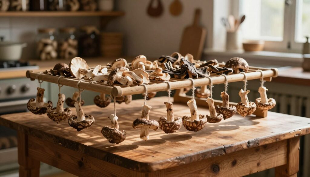 A rustic kitchen setting with sunlit beams filtering through a window, highlighting a traditional method of drying mushrooms. In the foreground, a wooden table is adorned with freshly harvested mushrooms hanging in clusters on a natural twine, gently swaying. The middle layer features a simple, old-fashioned drying rack with assorted types of mushrooms, their textures and colors contrasting against the natural wood. In the background, soft-focus shelves filled with jars of dried mushrooms and kitchen utensils, conveying a warm and nostalgic atmosphere. The scene should be bathed in warm, ambient lighting, evoking a sense of tradition and simplicity. The angle captures both the activity of drying and the intimacy of the kitchen space, inviting viewers to explore this timeless method. A rustic kitchen setting with sunlit beams filtering through a window, highlighting a traditional method of drying mushrooms. In the foreground, a wooden table is adorned with freshly harvested mushrooms hanging in clusters on a natural twine, gently swaying. The middle layer features a simple, old-fashioned drying rack with assorted types of mushrooms, their textures and colors contrasting against the natural wood. In the background, soft-focus shelves filled with jars of dried mushrooms and kitchen utensils, conveying a warm and nostalgic atmosphere. The scene should be bathed in warm, ambient lighting, evoking a sense of tradition and simplicity. The angle captures both the activity of drying and the intimacy of the kitchen space, inviting viewers to explore this timeless method.